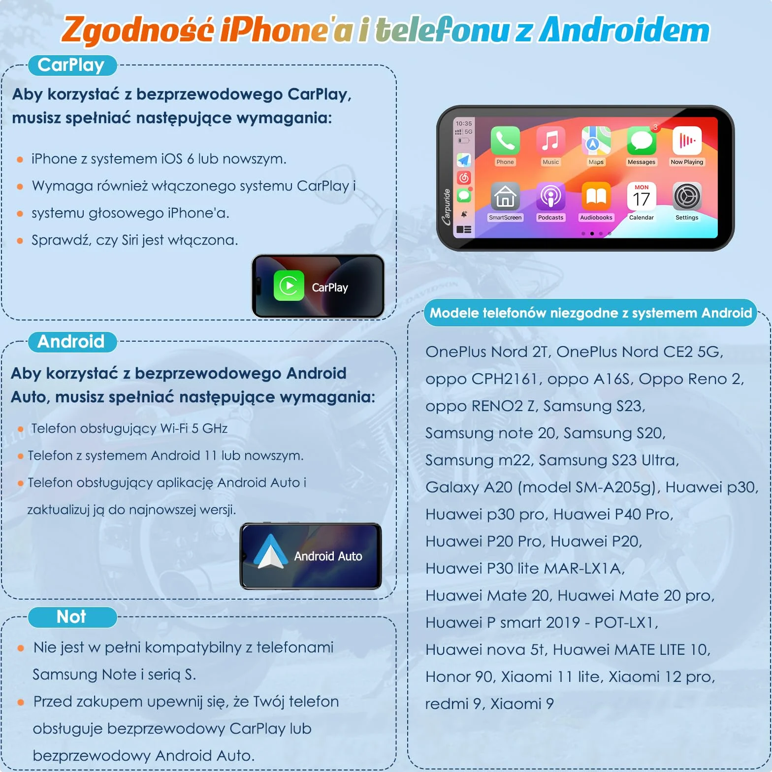 Carpuride W603 Ekran motocyklowy Carplay, Bezprzewodowa funkcja CarPlay i Android Auto dla Moto, Pilot zdalnego sterowania, Wodoodporny ekran dotykowy 6,3 cala, Nawigacja GPS, Siri, Asystent G00gle