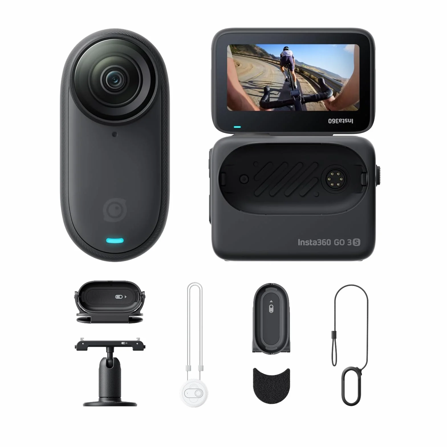 Insta360 GO 3S POV zestaw rowerowy czarny 128 GB kamera vlogowa 4K wodoodporna 10M bateria 140 min edycja AI Apple Find My