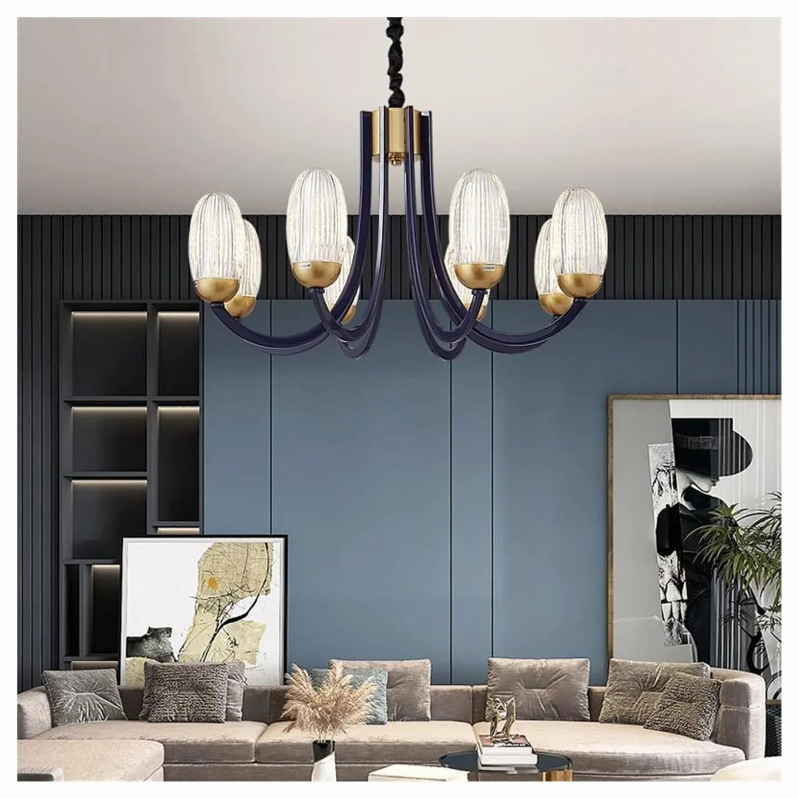 Nowoczesne niklowane metalowe żyrandole z diodami LED i szkłem, do salonu, jadalni, sypialni, lampy wiszące (B 8 lamp)
