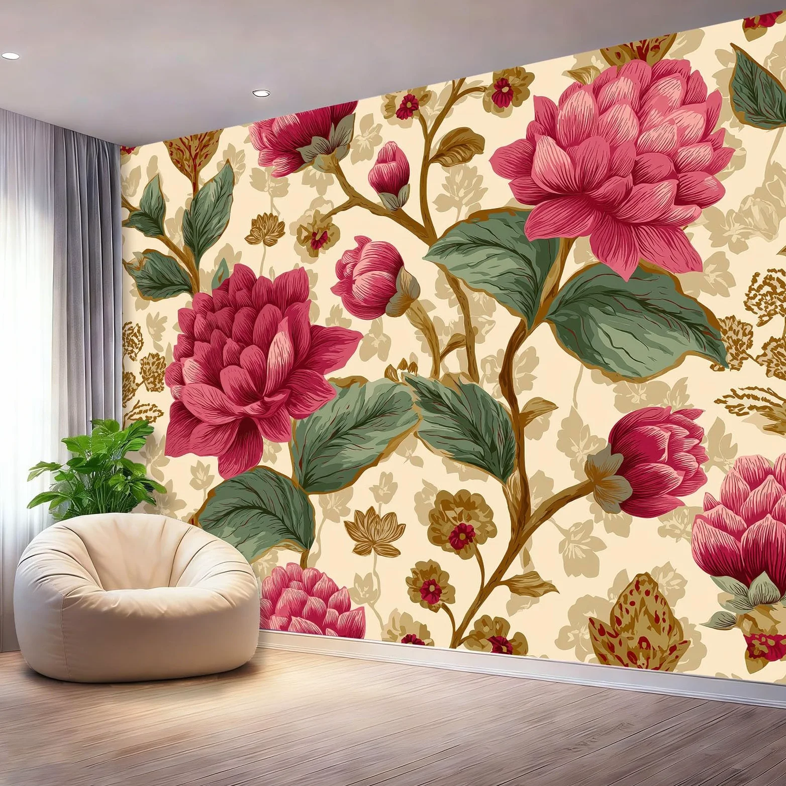 Fototapeta Retro Kwiatowy Liść Różowy Kremowy Tapeta Włóknina Dekoracja Salon Sypialnia Biuro, 300 x 210 cm