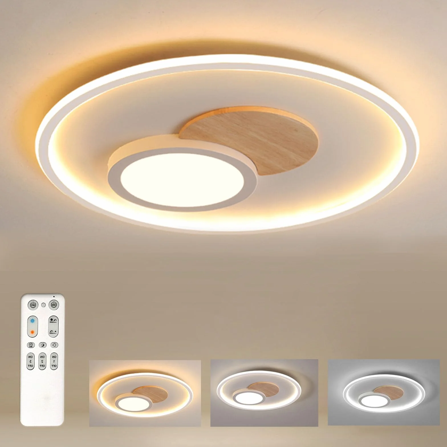 Lampa sufitowa LED, drewno, lampa sufitowa, ściemniana, z pilotem zdalnego sterowania, nowoczesna, okrągła, drewniana lampa sufitowa do sypialni, pokoju dziecięcego, salonu, kuchni (Ø 31,5 cm