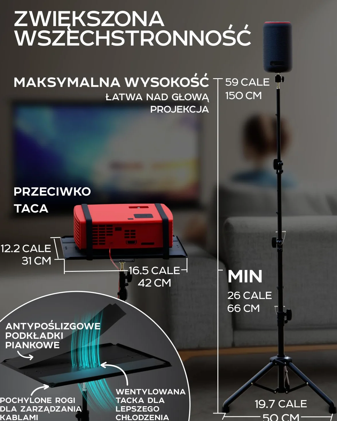 Statyw do projektora, regulowana wysokość od 66 cm do 150 cm i stojak na projektor podłogowy, przenośny stojak na laptopa, stojak na aparat fotograficzny, światło i głowicę kulową – dobrze wykonany,