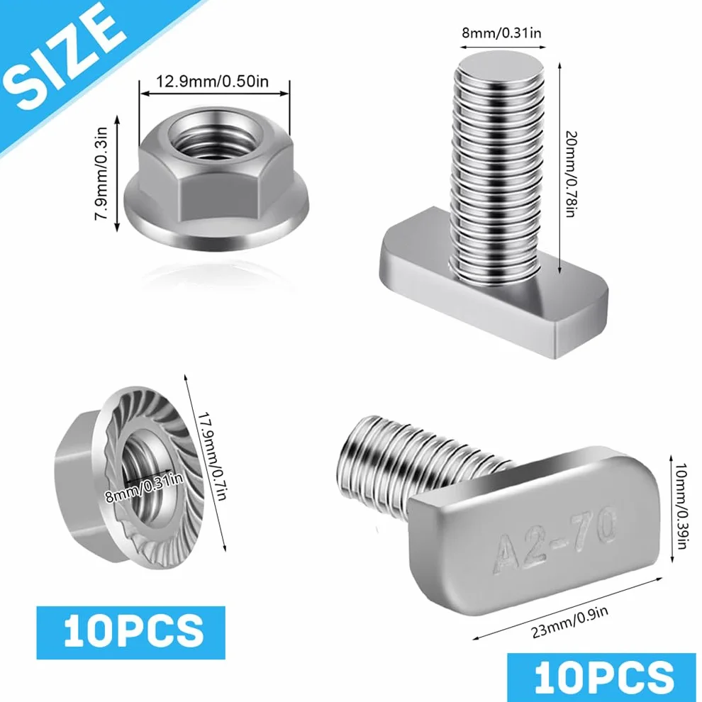 Śruby z łbem młotkowym ze stali nierdzewnej, 10 sztuk, z nakrętką kołnierzową, śruby z łbem młotkowym M8 x 20 mm, śruby T z nakrętkami kołnierzowymi do szyn montażowych PV Solar