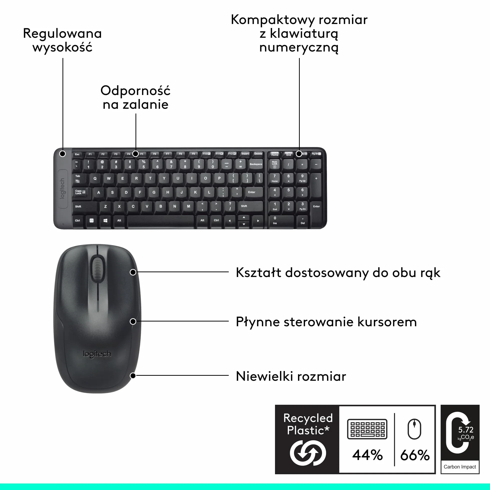 Logitech MK220 Compact Combo, Zestaw Klawiatura i mysz dla systemu Windows, 2,4 GHz Odbiornik USB, 24 pracy na baterii, PC, laptopem, QWERTY układ US Intl - Czarny