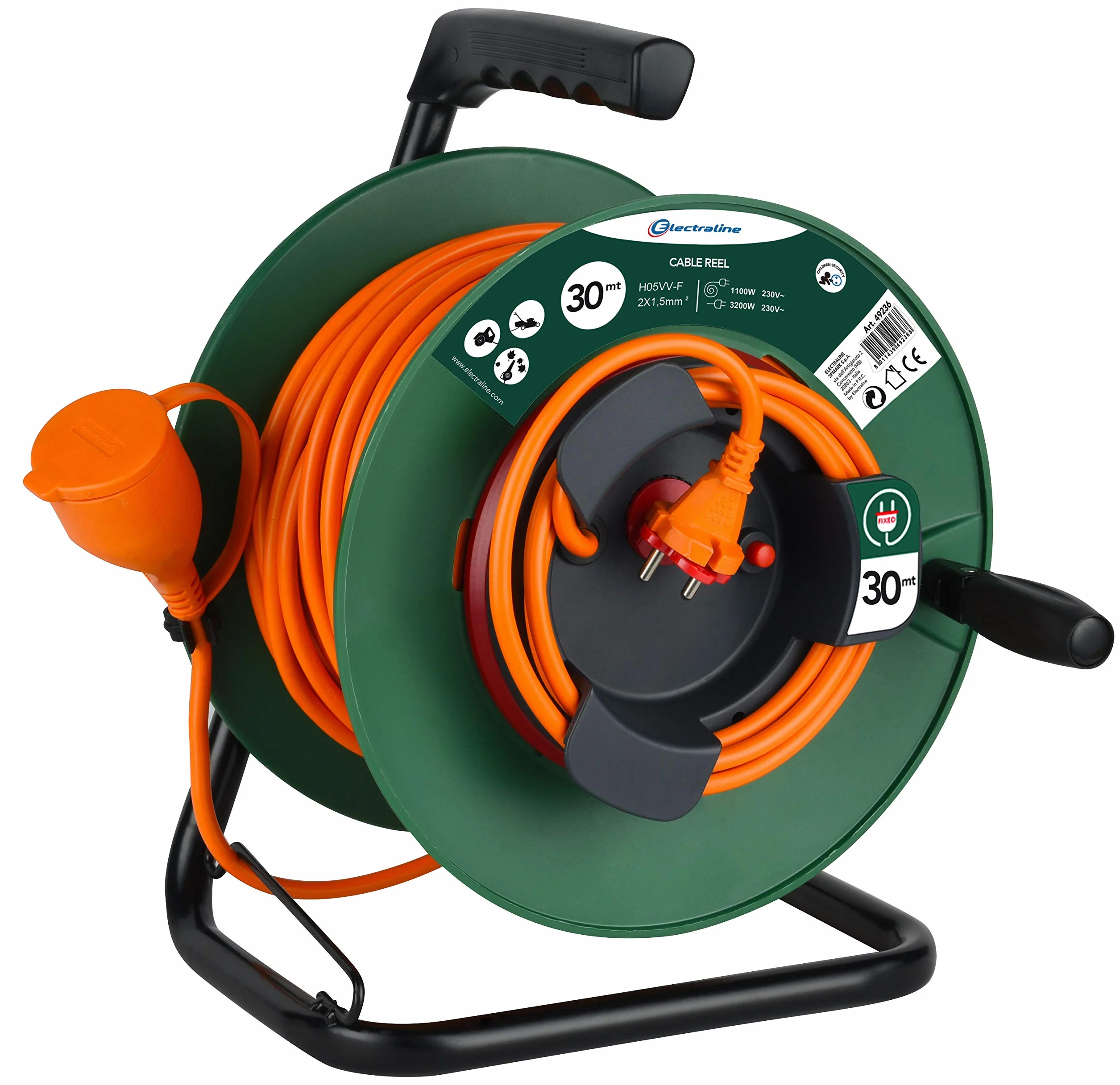 Electraline 49236 Bęben kablowy do ogrodu, długość: 30 m, wtyczka i Europea, 2 bieguny, przekrój kabla 2 x 1,5 mm2, pomarańczowy/zielony