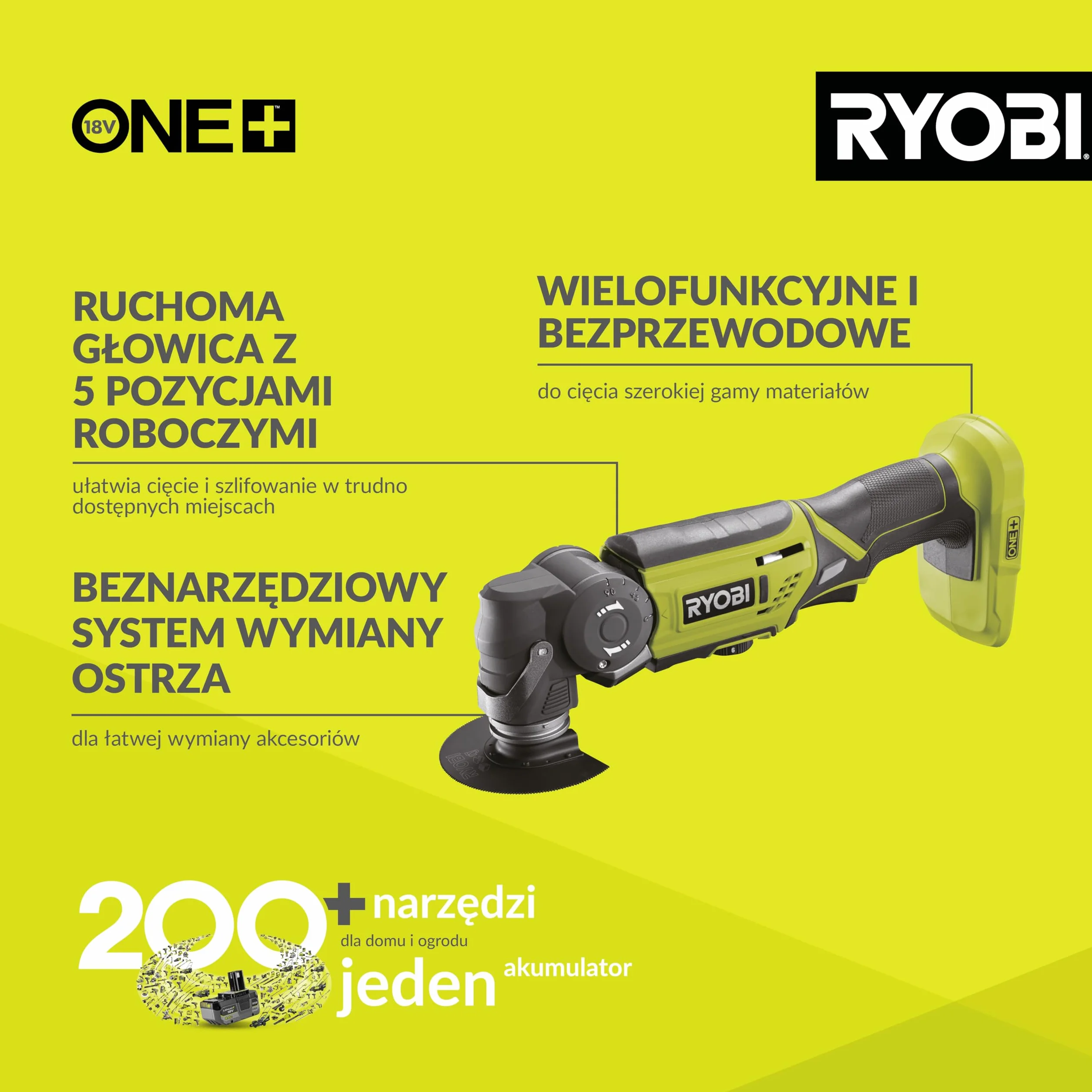 Ryobi ONE+ R18MT-0 18V Bezprzewodowe Narzędzie Wielofunkcyjne, Narzędzie Zerowe, Hyper Green