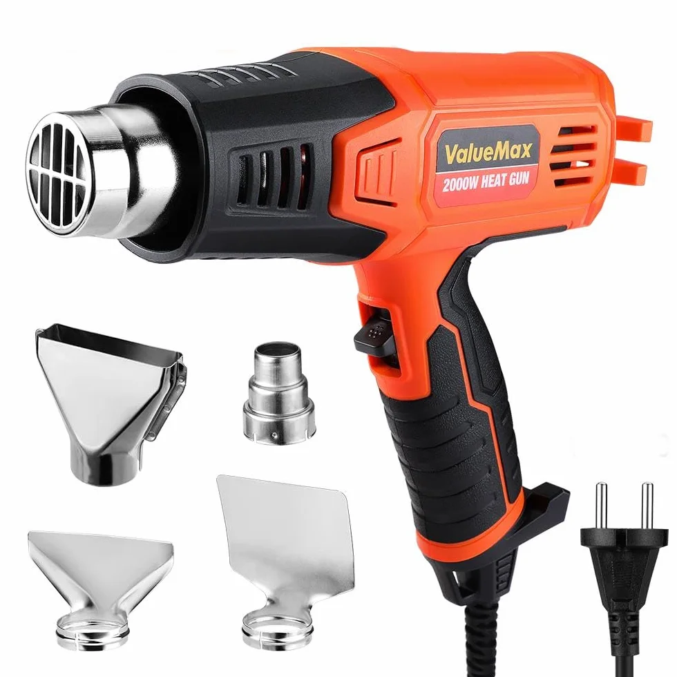 Valuemax Pistolet na gorące powietrze, 2000 W, szybkie nagrzewanie, z podwójną regulacją temperatury i 4 dyszami, ochrona przed przeciążeniem