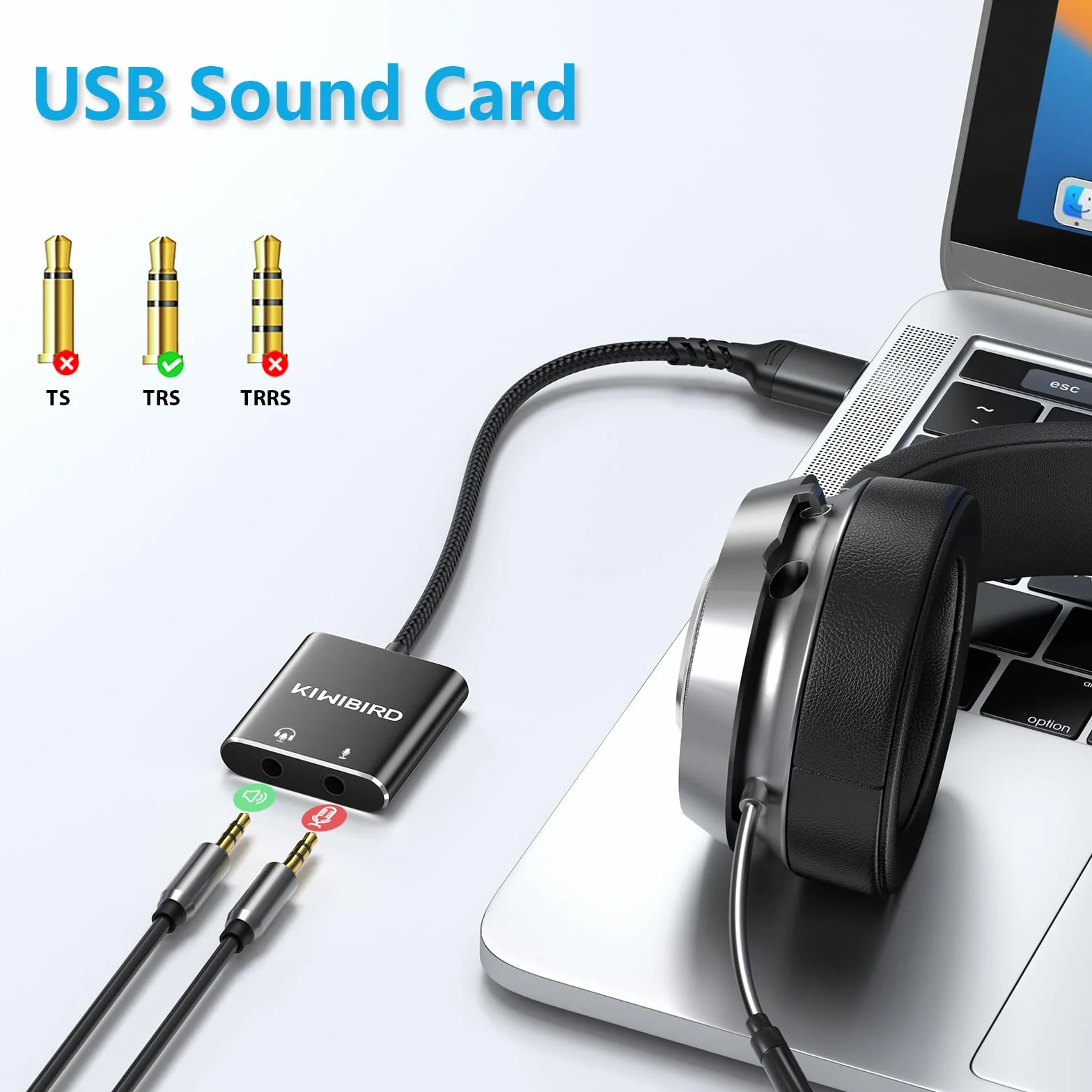 KiWiBiRD Adapter audio USB na 3,5 mm, zewnętrzna karta dźwiękowa, adapter gniazda USB, zestaw słuchawkowy i mikrofon, konwerter mikrofonu, kompatybilny z PS5, PS4, MacBook Air Pro, Raspberry Pi