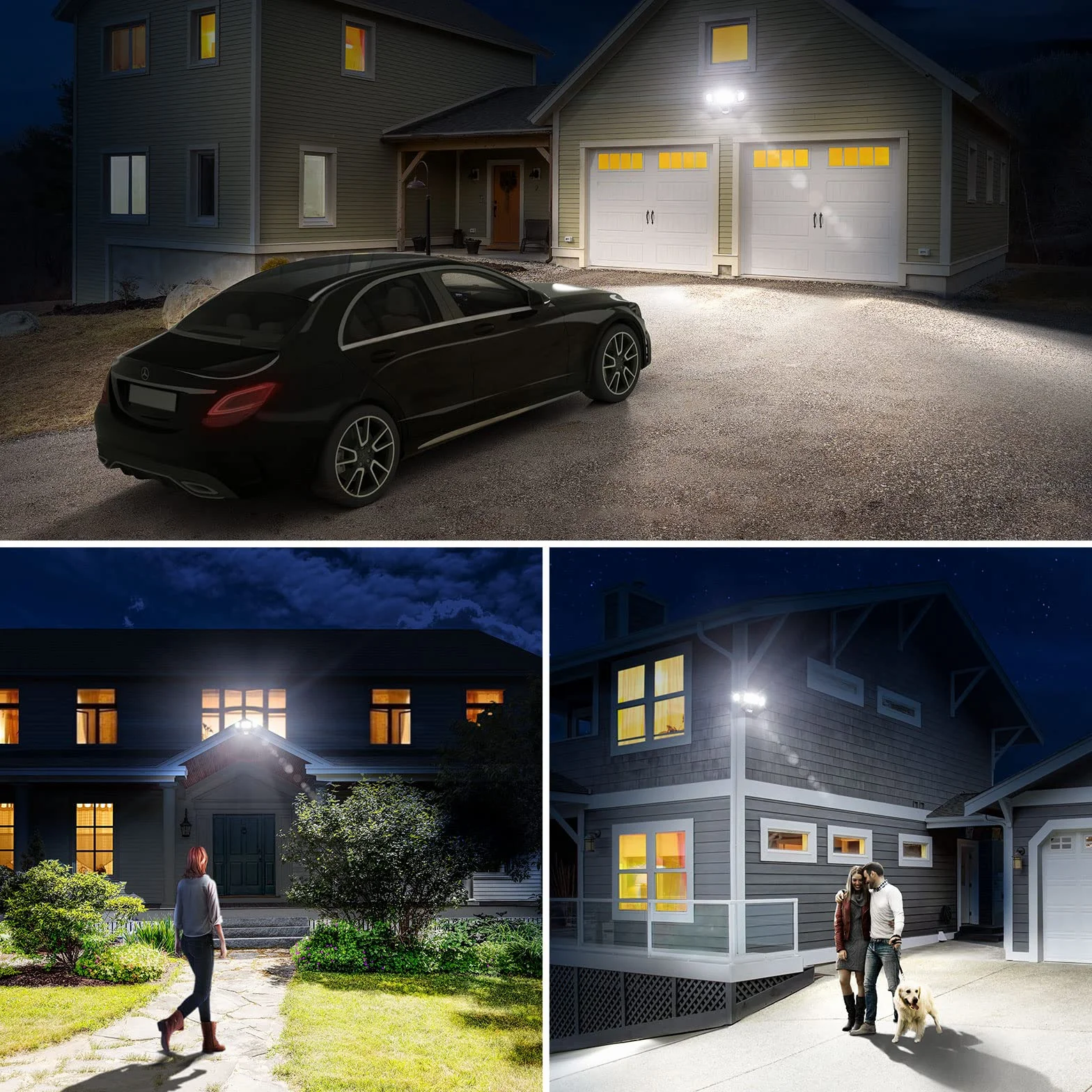 Onforu Reflektor LED z czujnikiem ruchu, zewnętrzny, 55 W, 5000 lm, z 3 regulowanymi głowicami, 6500 K, zimna biel, IP65, wodoszczelny, do garażu, ogrodu, na podwórko