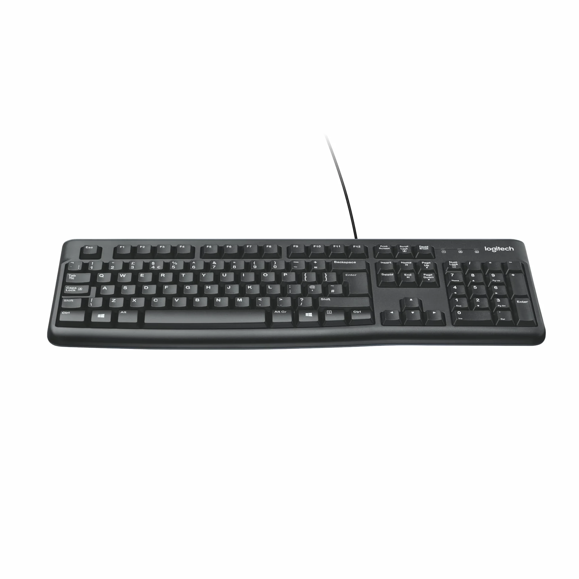 Logitech K120 Klawiatura Przewodowa dla systemu Windows, USB Plug-and-Play, pełnowymiarowa, odporna na zalanie, zakrzywiona spacja, zgodna z PC, laptopem, QWERTY układ US international - Czarny