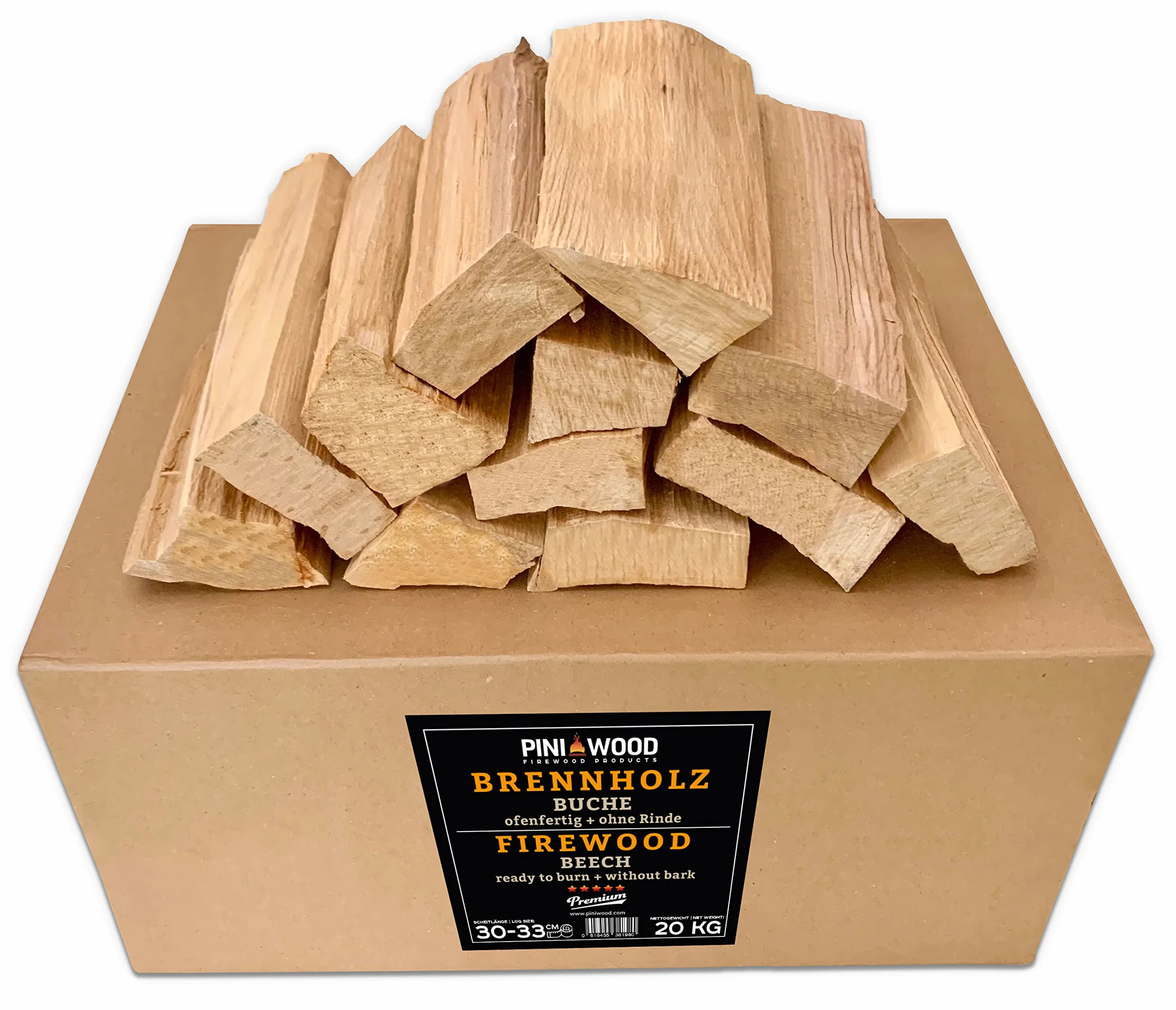 PINI Drewno do grillowania bez kory, bukowe drewno opałowe, 20 kg, 30-33 cm, do pieca do pizzy, grilla, wędzarni, kominka, paleniska