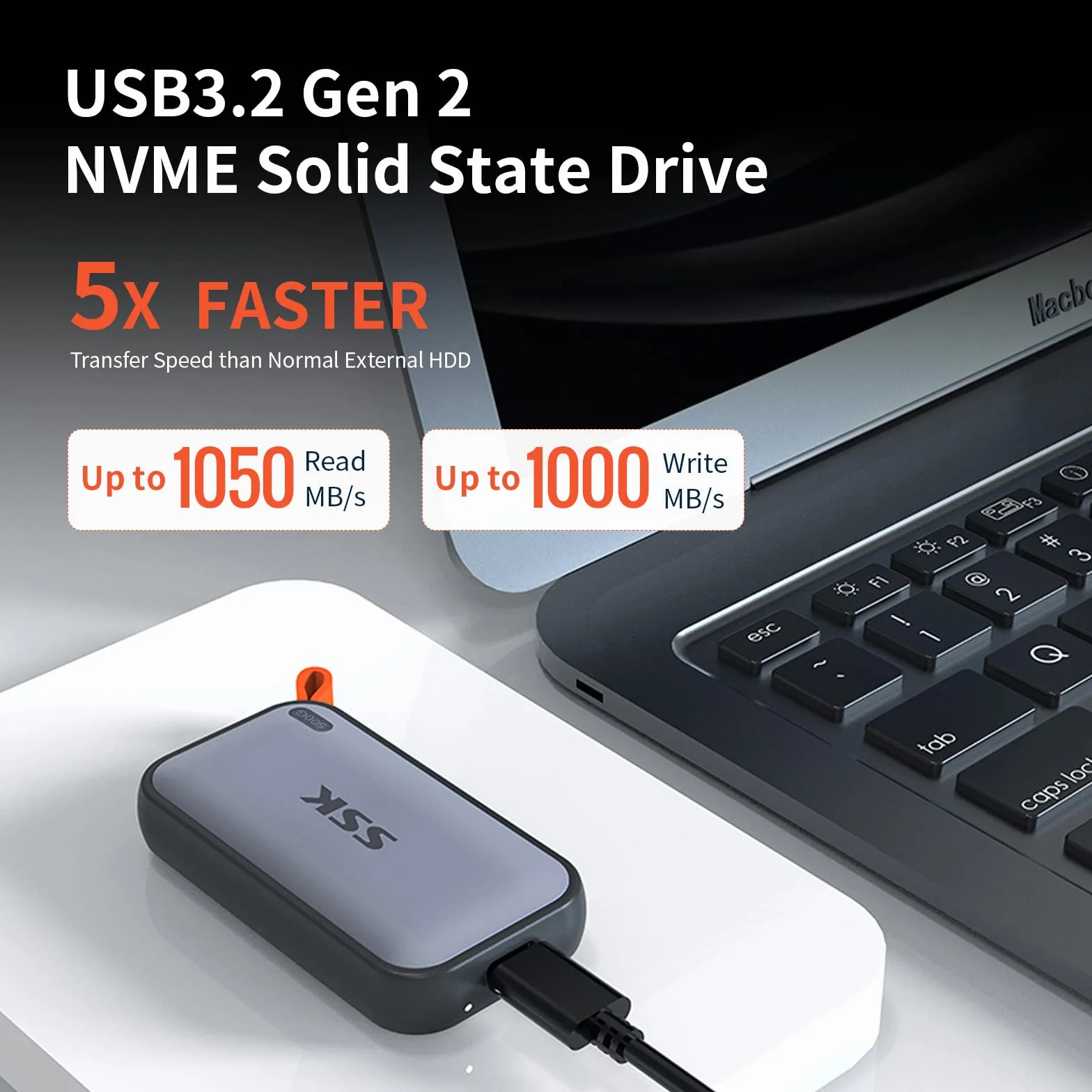 SSK Zewnętrzny przenośny dysk SSD 500GB z pamięcią NVME ekstremalna prędkość transmisji do 1050 MB/s, USB typu C 3.2 Gen 2, do smartfonów typu C, PS5, Xbox, laptopów, macbooków/Pro i innych urządzeń
