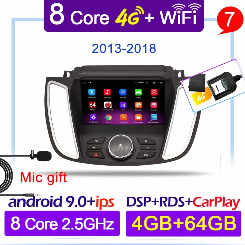 Samochód Android 10 Multimedia 2 DIN Radio GPS Nawigacja Ford Kuga Escape 2013-2016 4G 8Core 64G