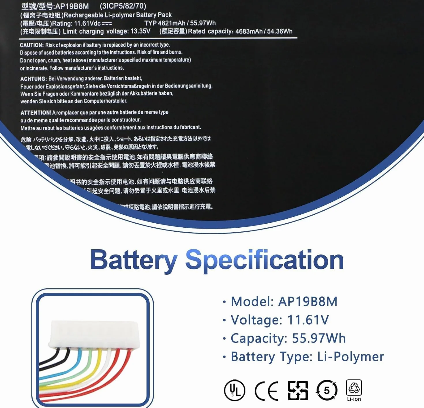 ANTIEE AP19B8M Bateria do laptopa Acer Swift 3 SF314-59 TravelMate TMP414-51 TMP614-52 Porsche Design Book RS AP714-51GT Chromebook CB514-1W CP514-1H CB515-1W CB317-1H CP713-33-33 W AV15-52 11.61V