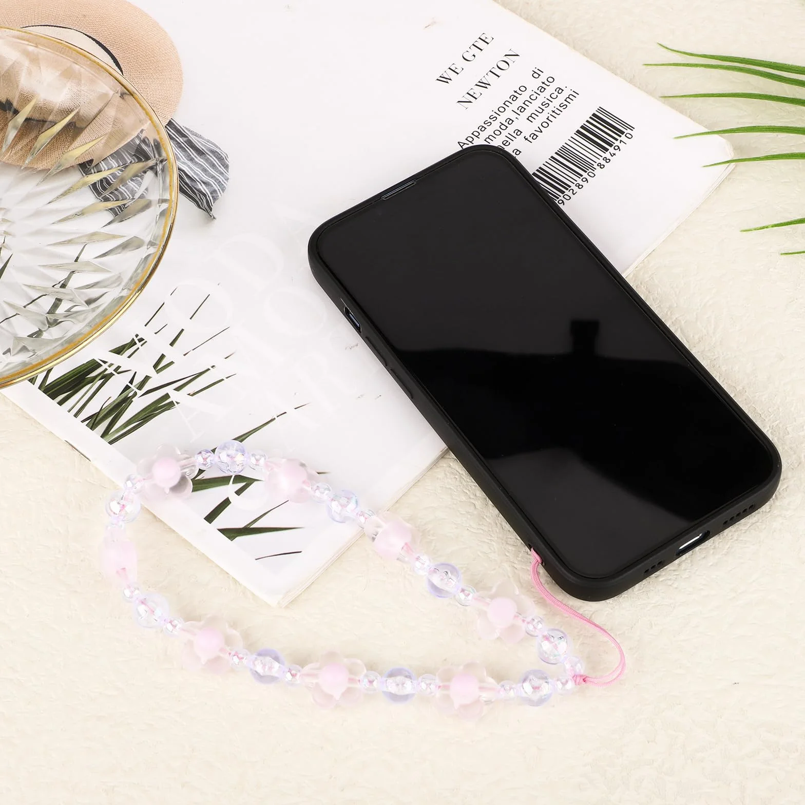 Koralik Phone Charm Krysztalowa Perla z Kwiatem Motyla Telefon Pasek na Nadgarstek Bransoletka Smycz dla Kobiet (Bialy, Fioletowy)