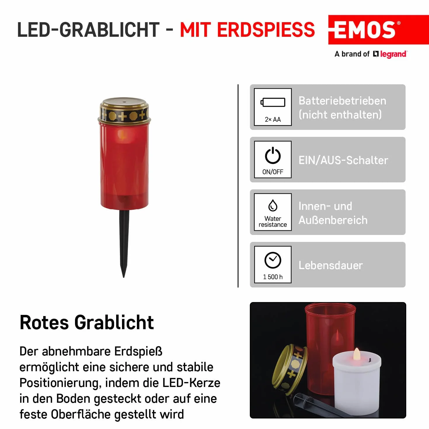 EMOS DCCV22 znicz LED, klasa ochrony IP44, do użytku na zewnątrz, czerwona lampa nagrobna na baterie, świeca cmentarna z prętem, żywotność 1500 godzin, tworzywo sztuczne, 7 x 12,5 cm, DCCV22