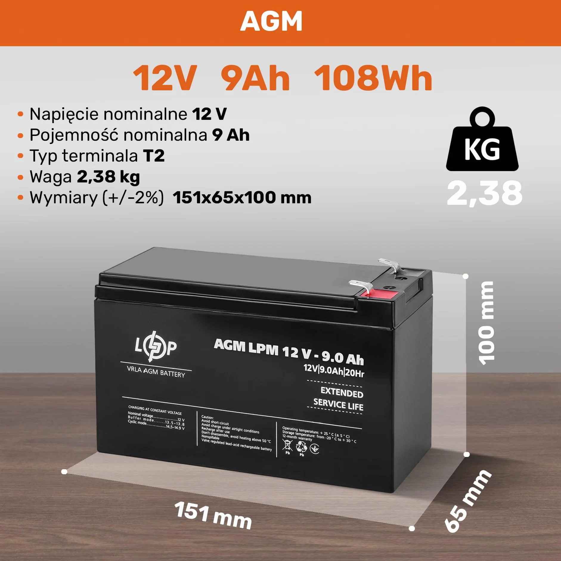 Akumulator LP AGM LPM 12V 9 Ah VRLA ołowiowy żelowy odporny na cykle do UPS fotowoltaiki