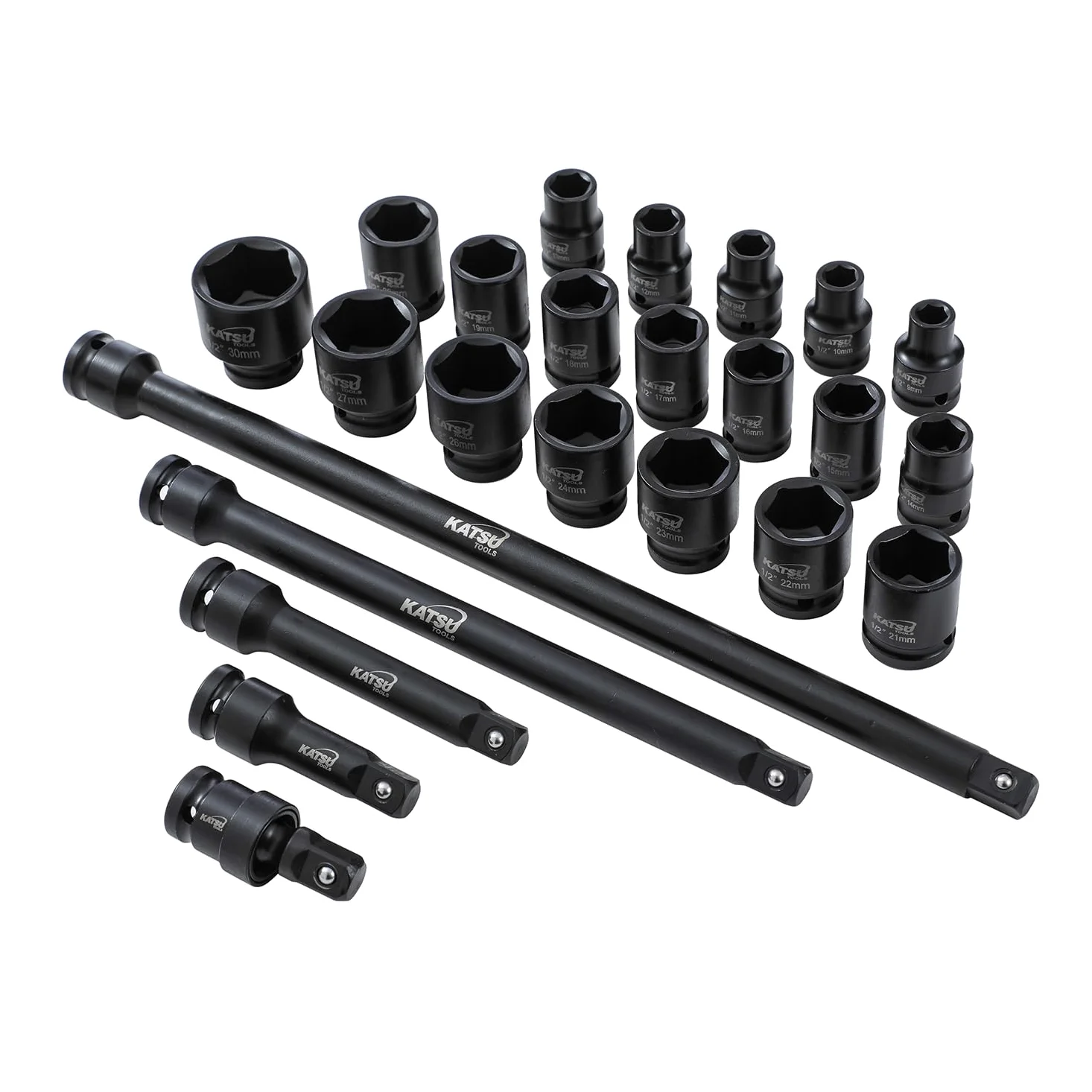 KATSU Tools Zestaw 43 szt. wytrzymałych nasadek udarowych 1/5.1 cm Napęd 6-punktowy 9-30 mm metryczny standardowy/głęboki zestaw nasadek udarowych, stal stopowa chromowo-wanadowa, narzędzie