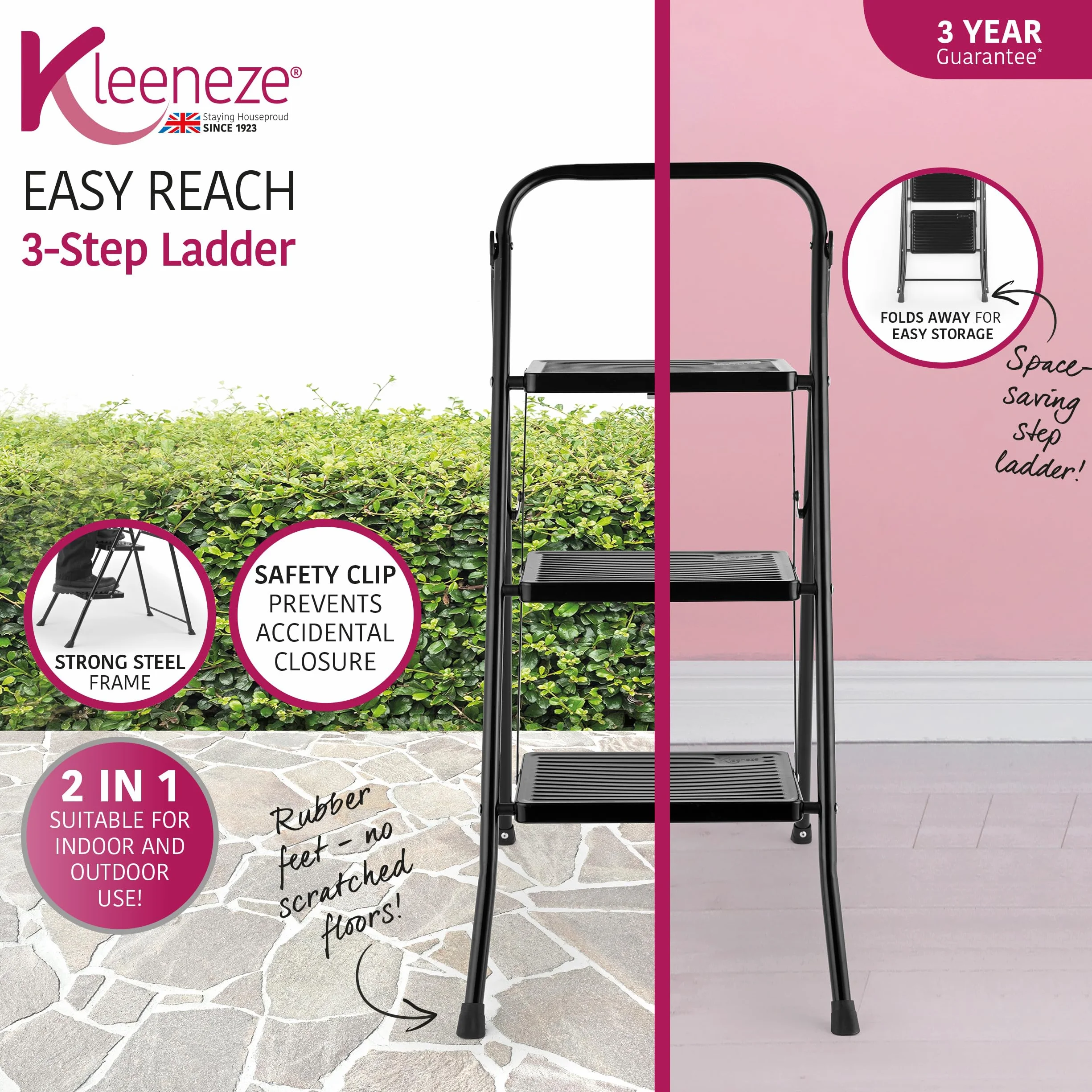 Kleeneze KL068514BLKFEU7 3-stopniowa drabinka Easy Reach, lekka i ergonomiczna, stalowa konstrukcja, zacisk bezpieczenstwa, antyposlizgowe nózki, skladana, do uzytku wewnatrz i na zewnatrz, czarna