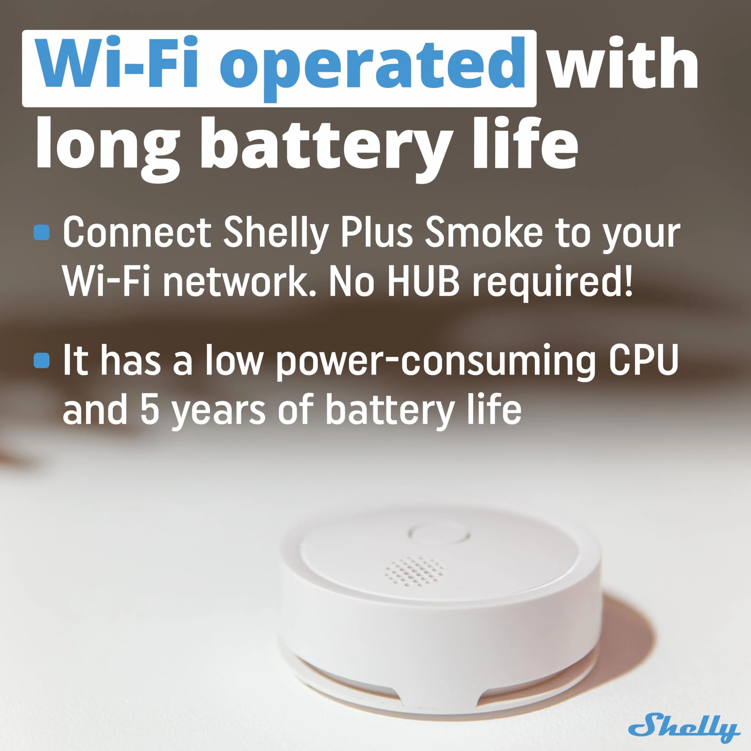 Shelly Plus Smoke, Alarm Dymu i Pożaru, Czujnikiem Fotoelektrycznym, 5-letnia Żywotność Baterii, EN 14604, Wskaźniki LED i Dźwiękowe, Natychmiastowe Powiadomienie, Wi-Fi Bluetooth, Alexa Google Home