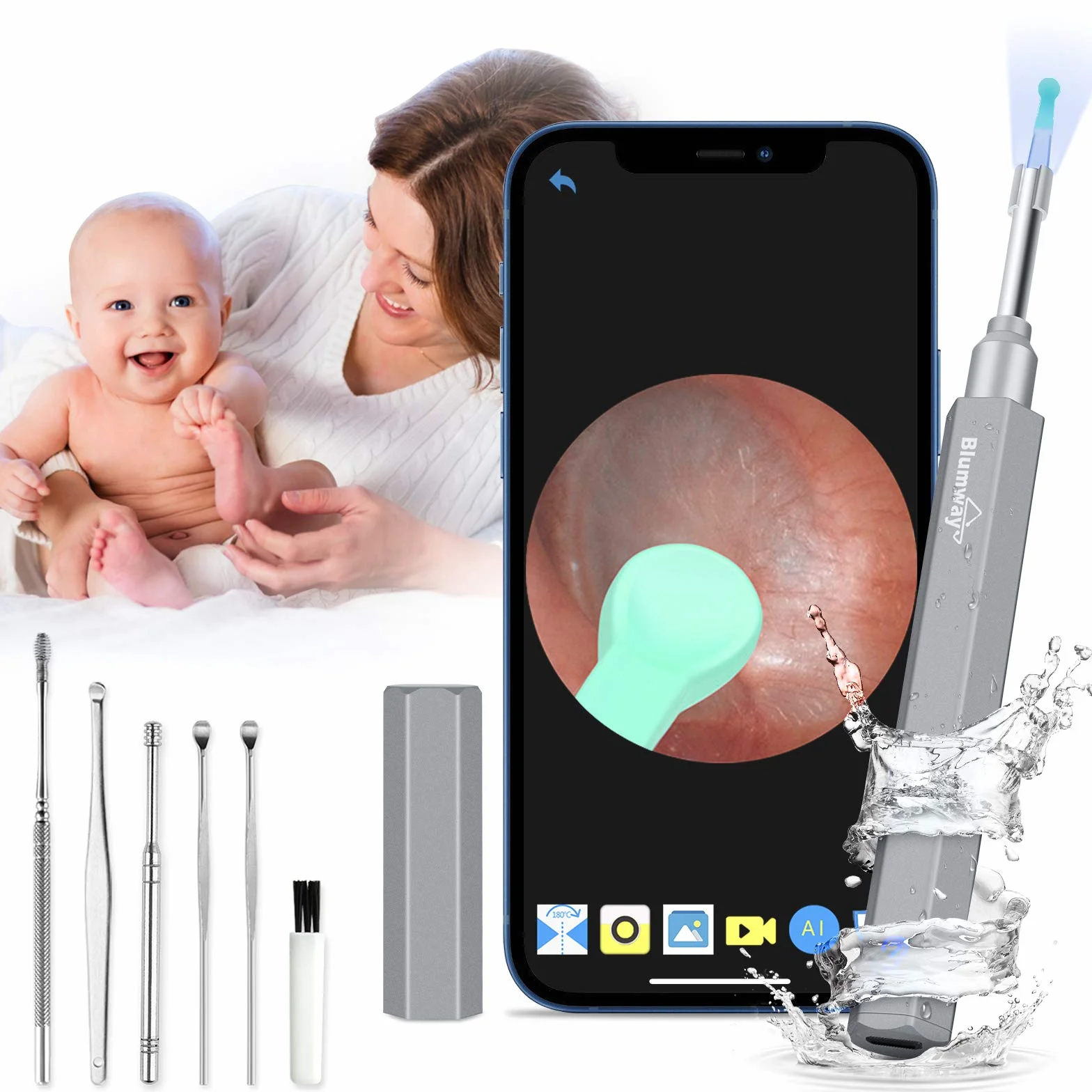 BlumWay WiFi Otoskop 3,5 mm, 1080p HD, endoskop do czyszczenia uszu, aparat z 6 diodami LED, do czyszczenia uszu, dla dzieci, dorosłych, z systemem iOS, Android (szary)
