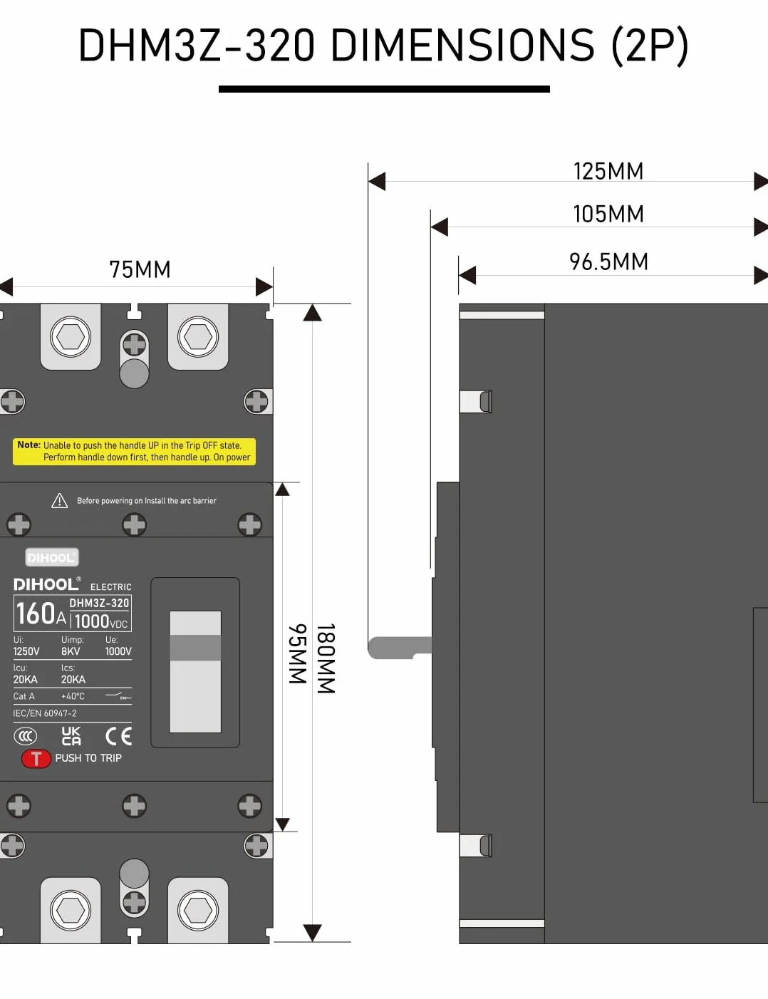 DIHOOL DC 1000V Przełącznik 160A 2P mccb Bezpiecznik akumulatora DC
