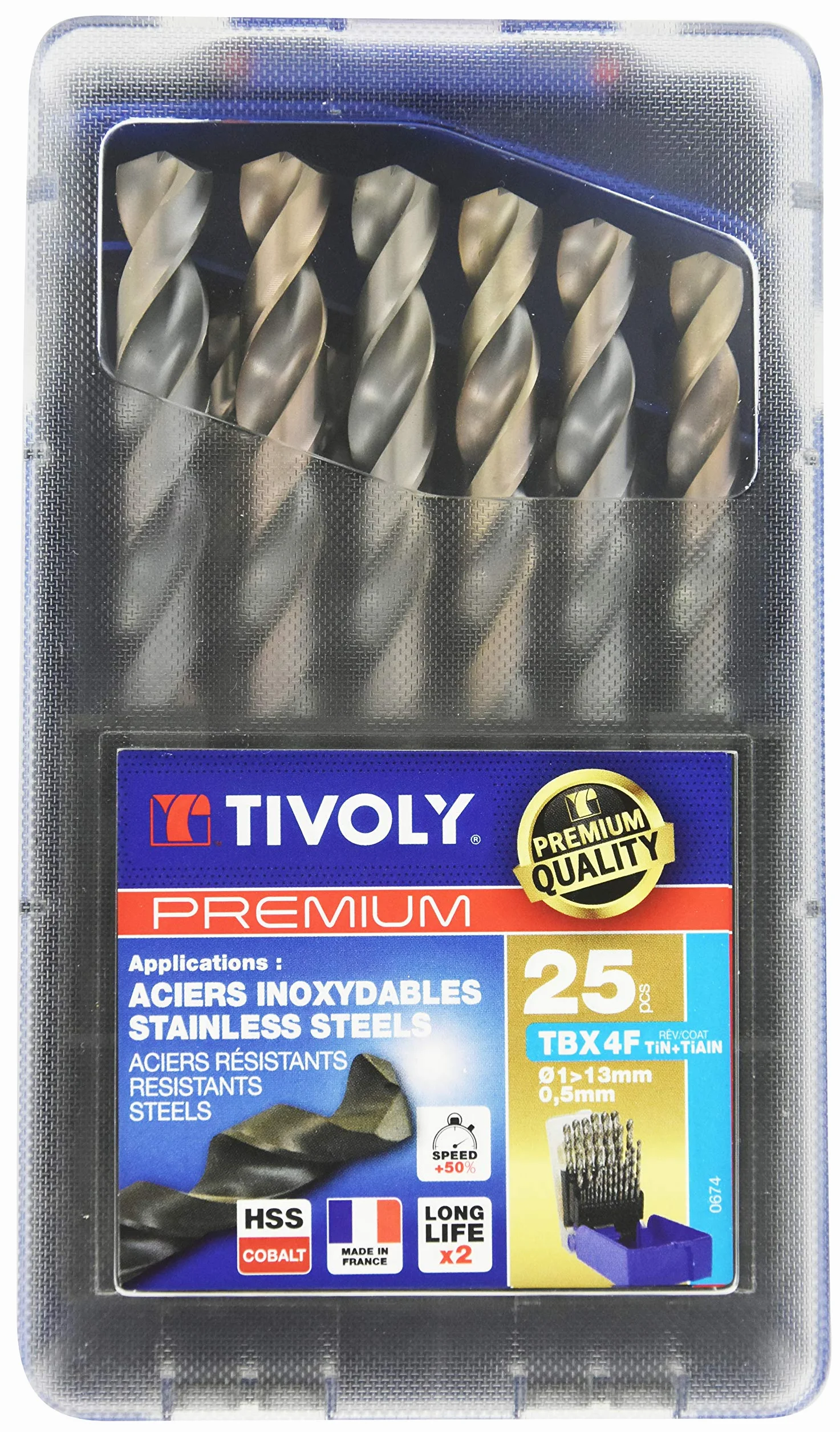 TIVOLY 11456170017 G zestaw z 25 ostrzami Premium Tbx 4f HSS Cobalt Revetu, 4-stronne ostrzenie, zawiera Ø 1 do 13 mm x 1/2 mm