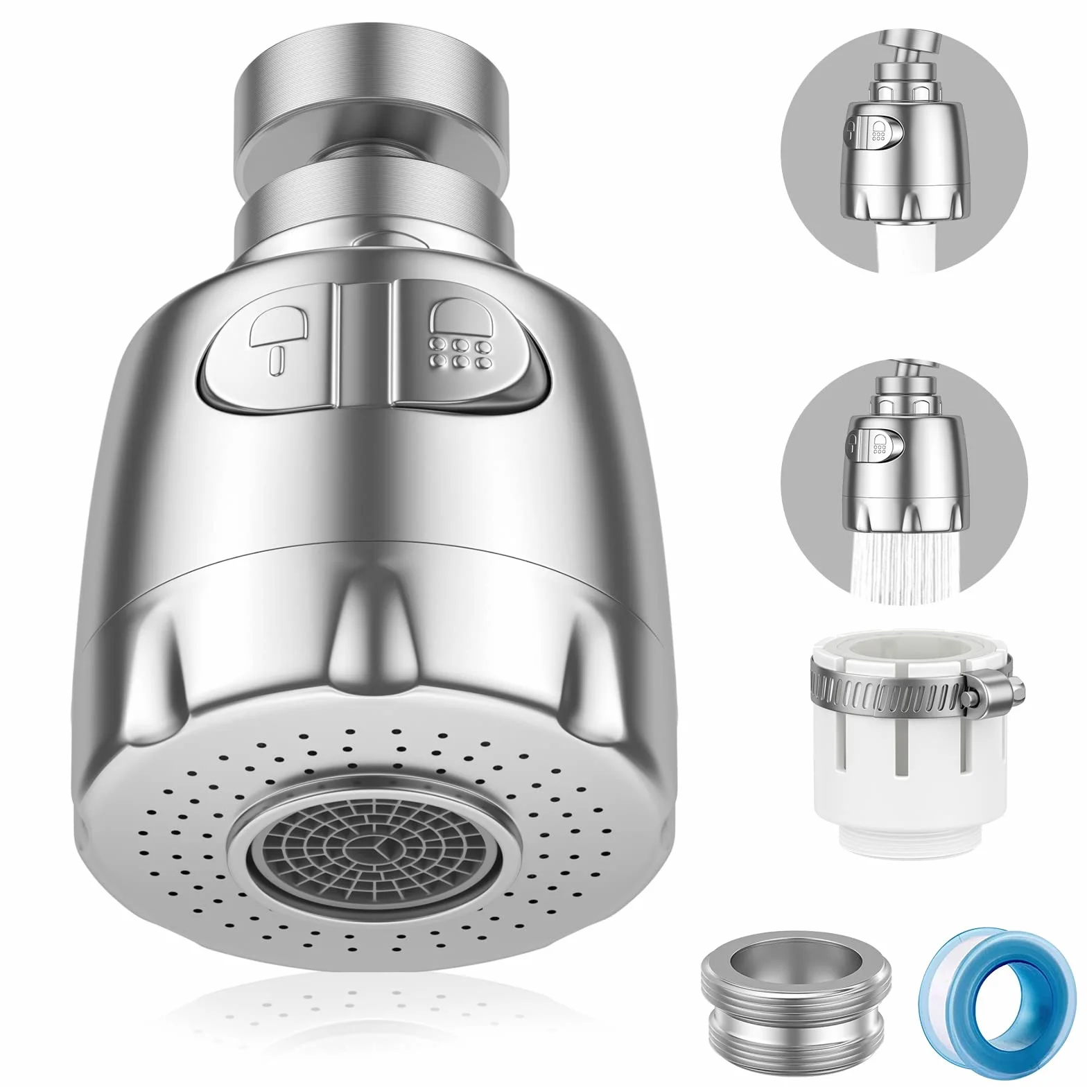 Vinabo Aerator do kranu, armatura do kranu, kran obrotowy 360°, kran aeratora, oszczędzający wodę z kranu, regulator głowicy natryskowej do kuchni, łazienki, 2 tryby, srebrny