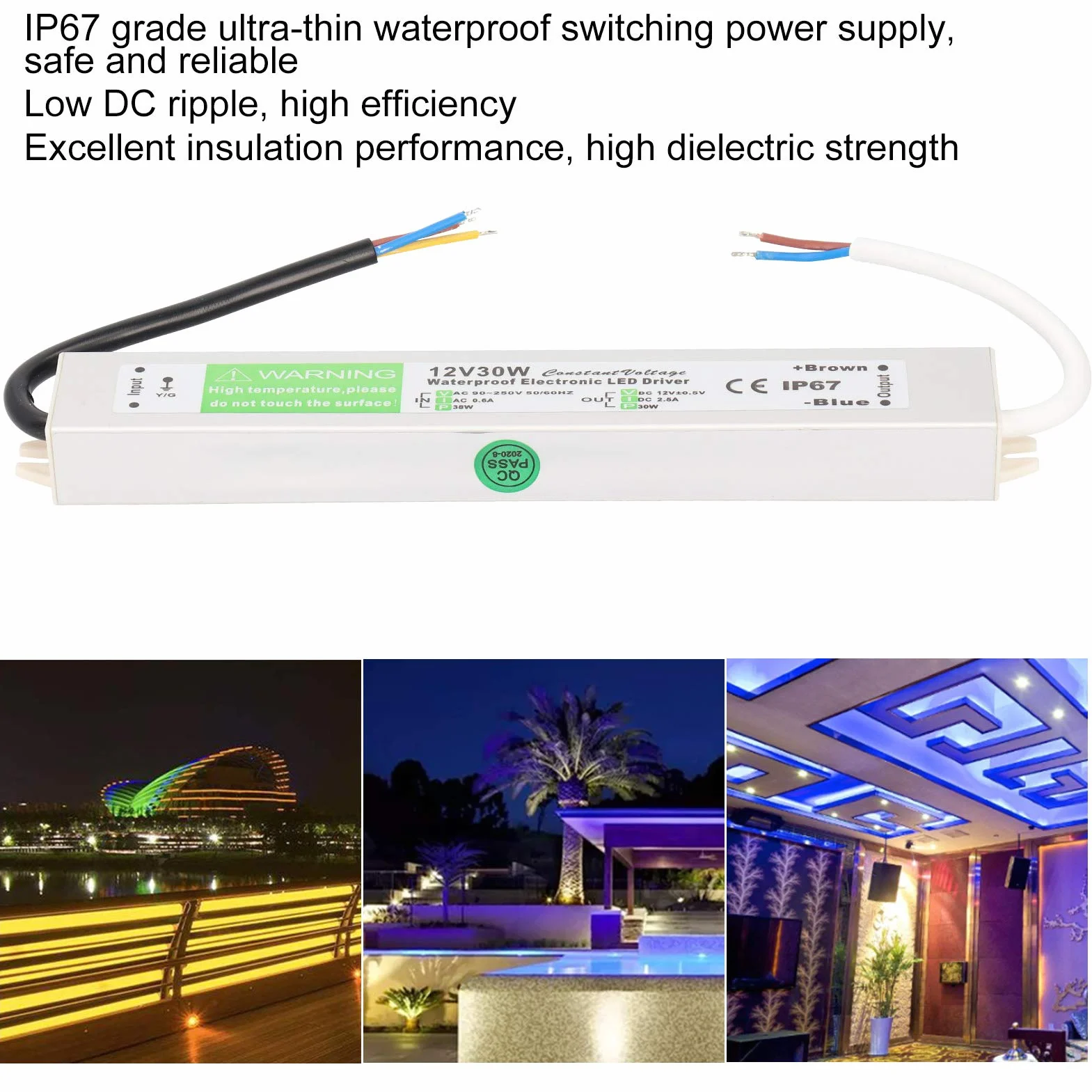 30W AC90‑250 V Wodoodporny zasilacz Zasilacz Zasilacz LED Adapter transformatora klasy IP67 Ultra cienki do wewnętrznych i zewnętrznych świateł LED (DC12V)