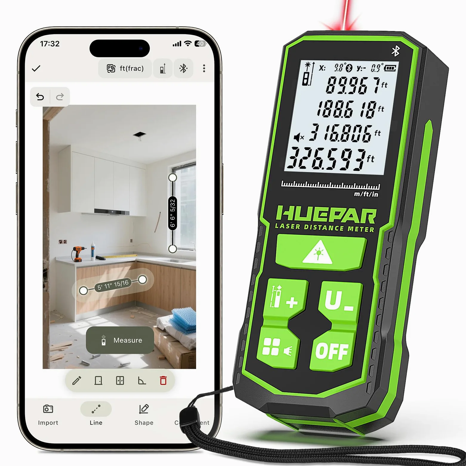 Huepar Laser Distance Measure 328Ft(100M) with Rechargeable Battery & Dual Angle Display, Laser Measure M/In/Ft with Mute Function & Multi-Measurement Modes, Pythagorean, Distance, Area&Volume-S100