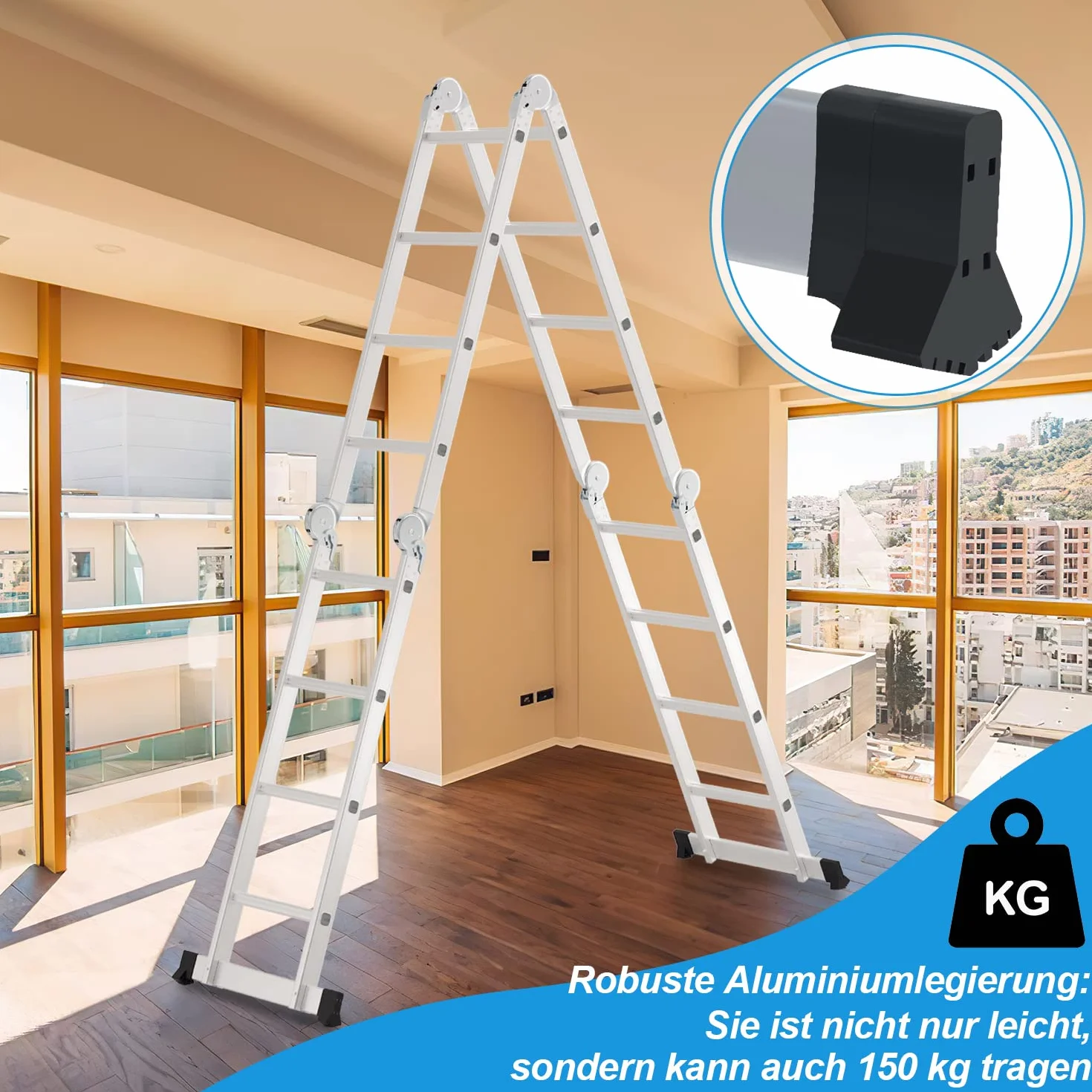 Aluminiowa Wielofunkcyjna Drabina 4,7 m, 4 x 4 Stopnie, Z Platformą, Z 2 Płytami Rusztowania, Do 150 kg, Składana 16 Stopni, Srebrna