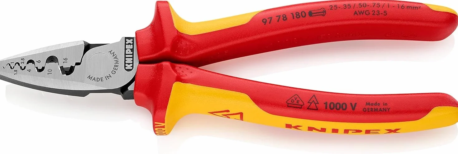 KNIPEX Szczypce do zagniatania tulejek kablowych z wielokomponentowymi osłonkami, izolowane wg VDE 180 mm, 97 78 180