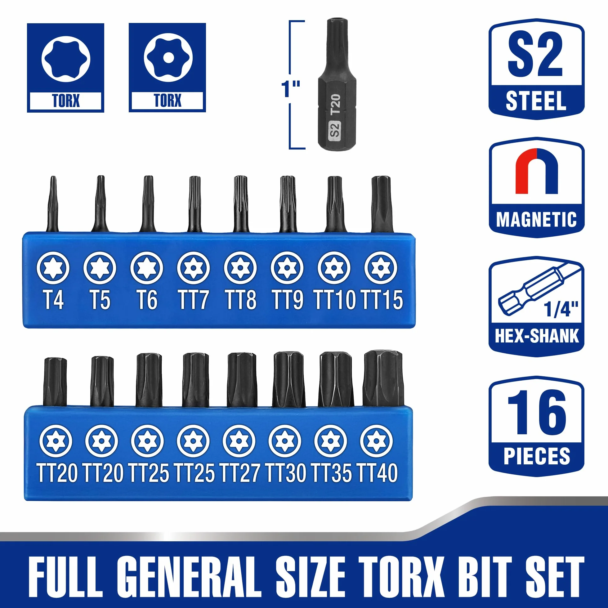 WORKPRO Security Torx zestaw bitów 16 szt., odporny na manipulacje zestaw bitów ze stali S2, trzpień sześciokątny 1/10.2 cm, końcówka wkrętakowa z magnetycznymi końcówkami w pudełku do przechowywania