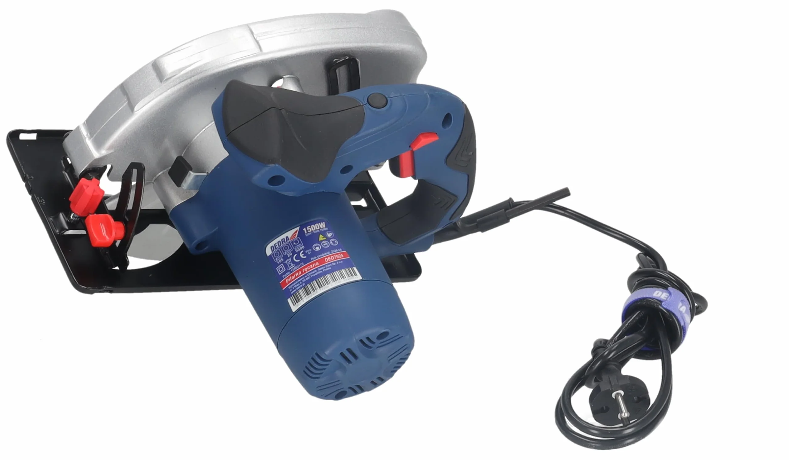 Ręczna piła tarczowa DEDRA mocna 1500 W, brzeszczot do piły tarczowej Ø 185 mm, maks. głębokość cięcia 66 mm, ergonomiczna lekka waga 4,4 kg, softgrip, do drewna i wielu innych