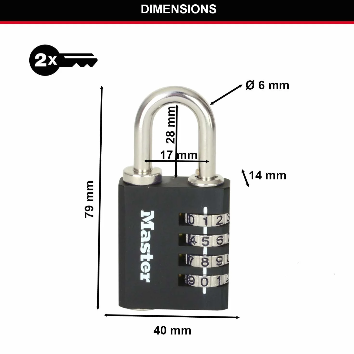 Master Lock Zinc 7641EURDBLK Wewnętrzna kłódka szyfrowa z kluczem zastępczym, 78 x 40 x 16 mm, czarna