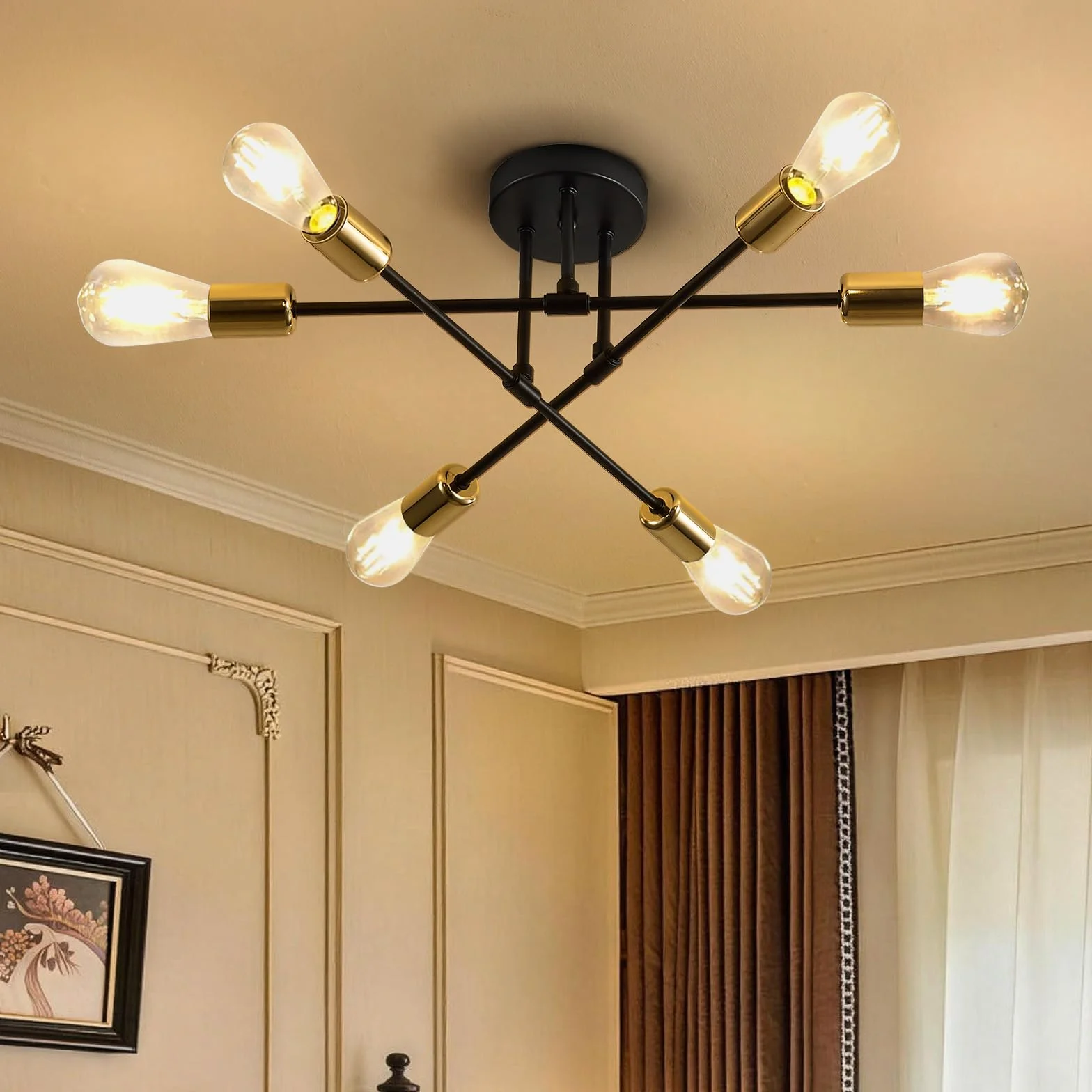 ENCOFT Lampa sufitowa w stylu vintage, industrialna, lampa sufitowa w stylu retro, 6 żarówek, lampa kuchenna, sufitowa, E27, czarno-złota, lampa sufitowa, do sypialni, salonu, biura