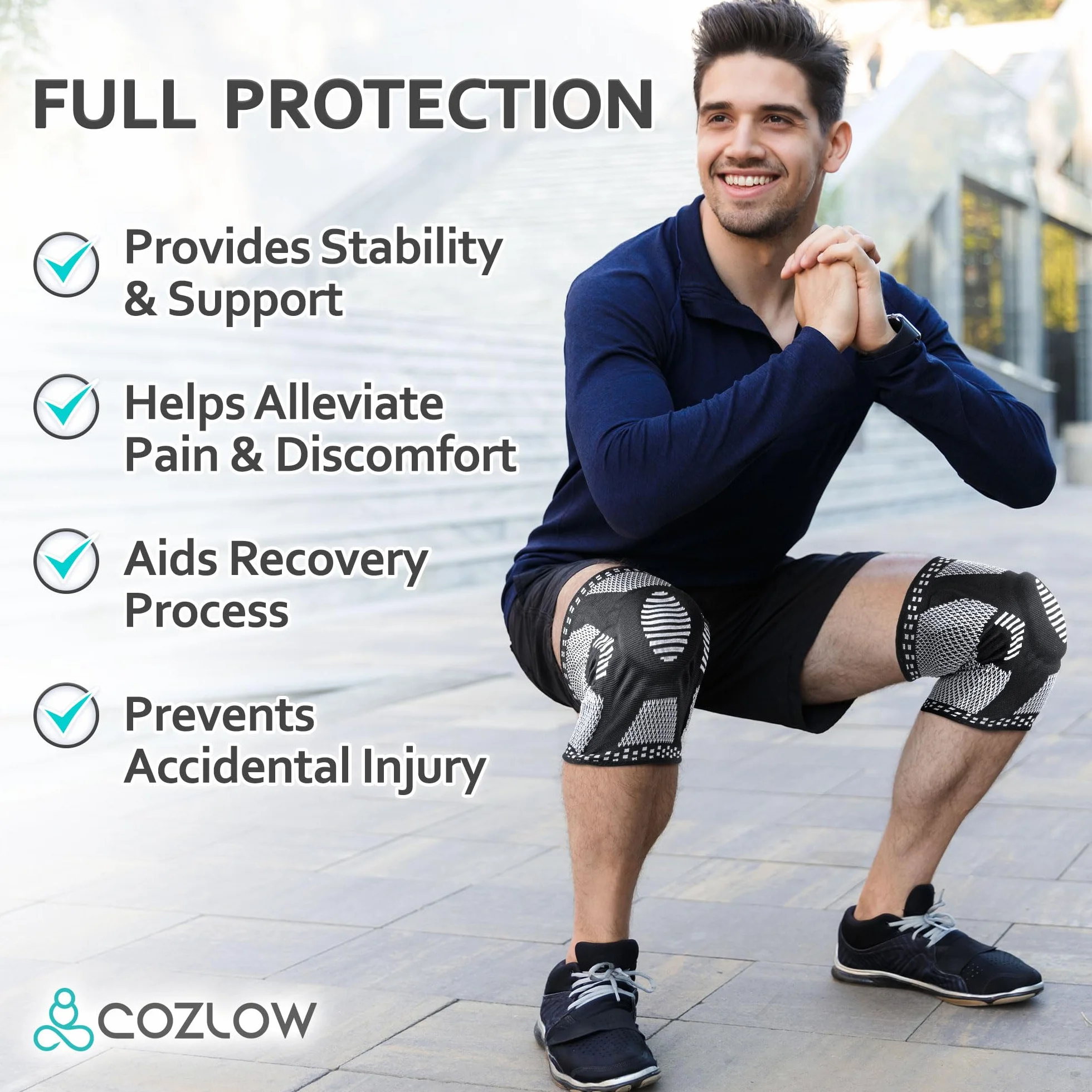 Cozlow Knee Brace for Arthritis & Torn Meniscus Relief (M, 41-46 cm), 2 Black Knee Compression Sleeves w/ Patella Pad