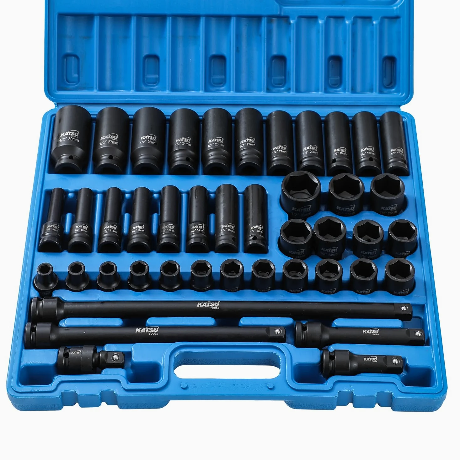 KATSU Tools Zestaw 43 szt. wytrzymałych nasadek udarowych 1/5.1 cm Napęd 6-punktowy 9-30 mm metryczny standardowy/głęboki zestaw nasadek udarowych, stal stopowa chromowo-wanadowa, narzędzie
