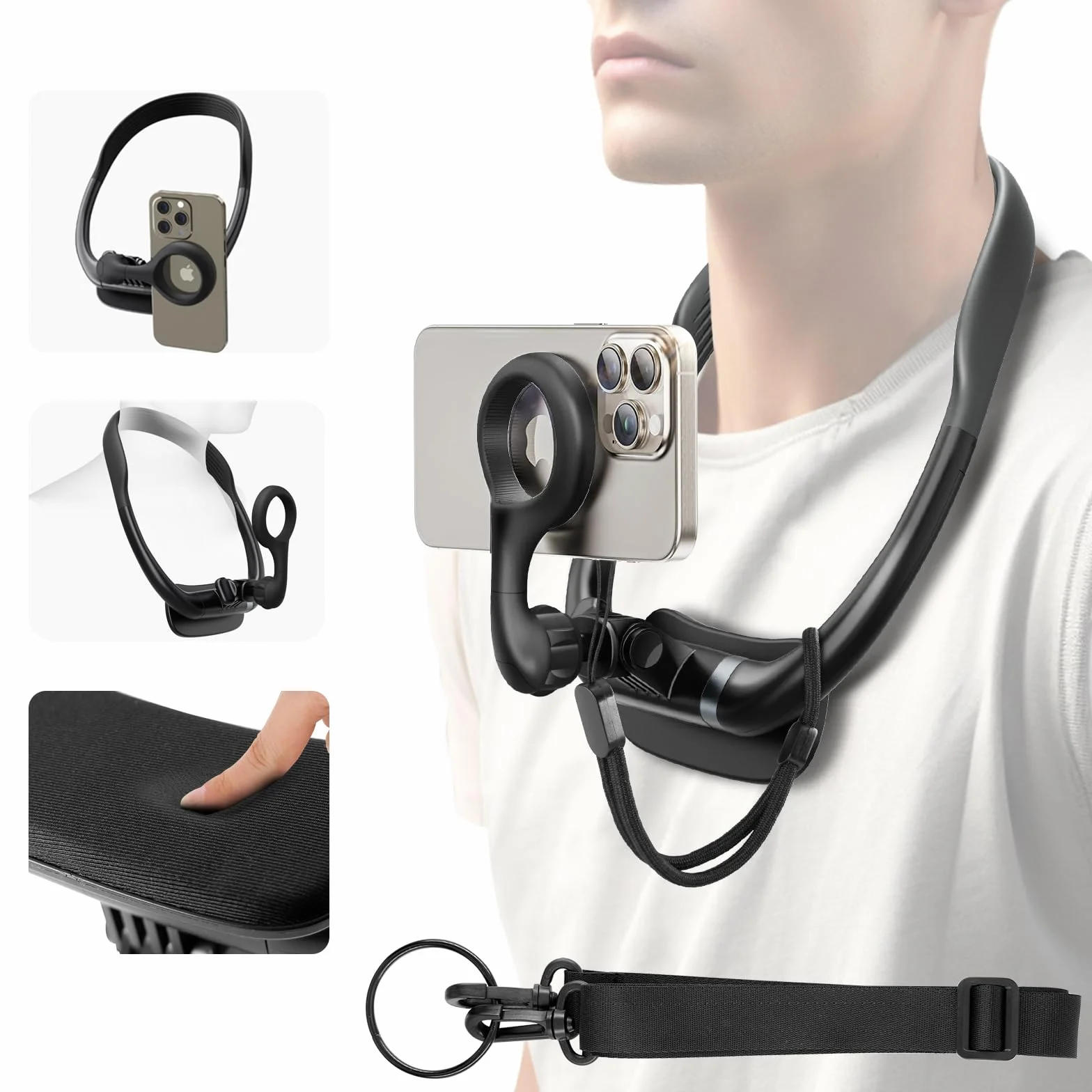 REYGEAK Magnetyczny uchwyt na telefon do selfie POV, pasek piersiowy, mocowanie na szyję dla Mag-Safe iPhone 15 14 13 12 Pro Max
