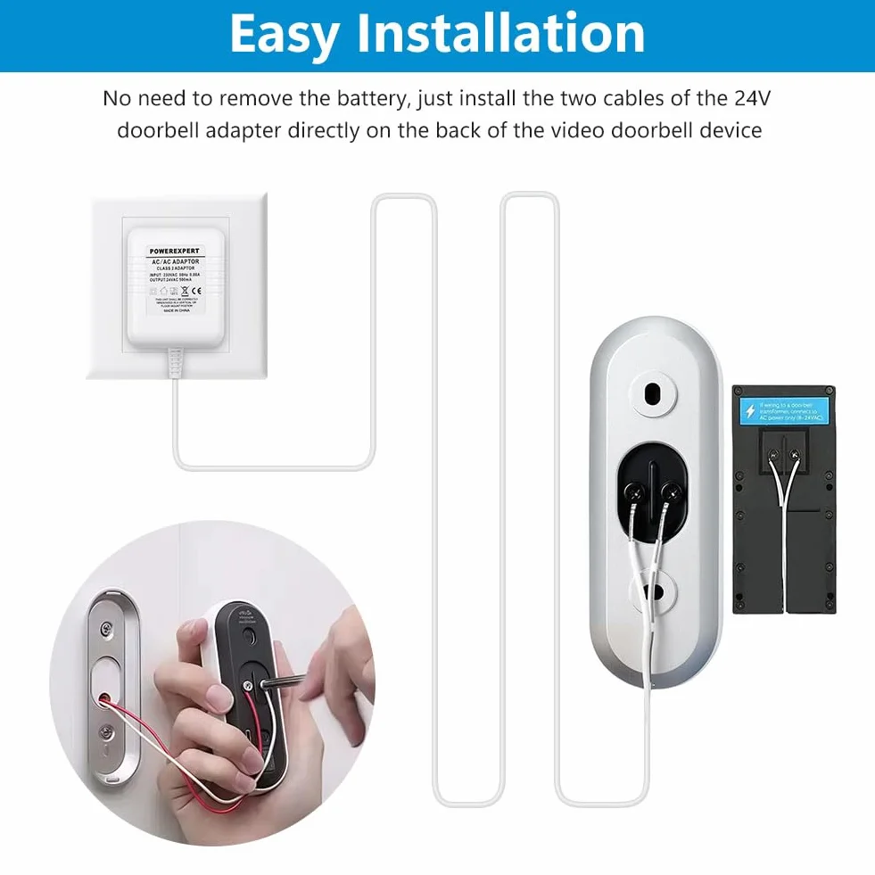 Transformator dzwonka do drzwi, 24 V, 500 mA, transformator, wideo-dzwonek do drzwi, zasilacz do większości wersji Ring Doorbell, kabel o długości 8 m (315")