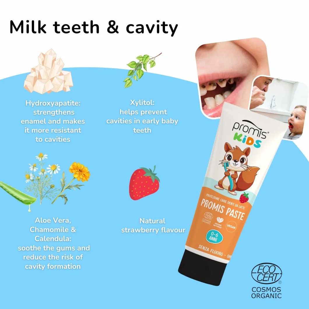 Promis Paste Kids pasta do zębów dla dzieci bez fluoru 0-6 lat, przeciw próchnicy z hydroksyapatytem, naturalna i ekologiczna, bezpieczna w przypadku połknięcia, truskawki, na zęby mleczne