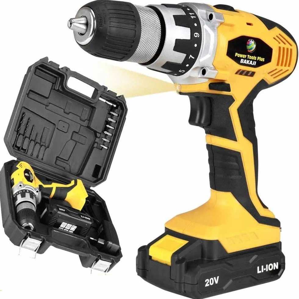 Bakaji Power Tools Wiertarka litowo-akumulatorowa w walizce akumulatorowa podwójna prędkość (wiertarka 20V + 2 baterie litowo-jonowe)