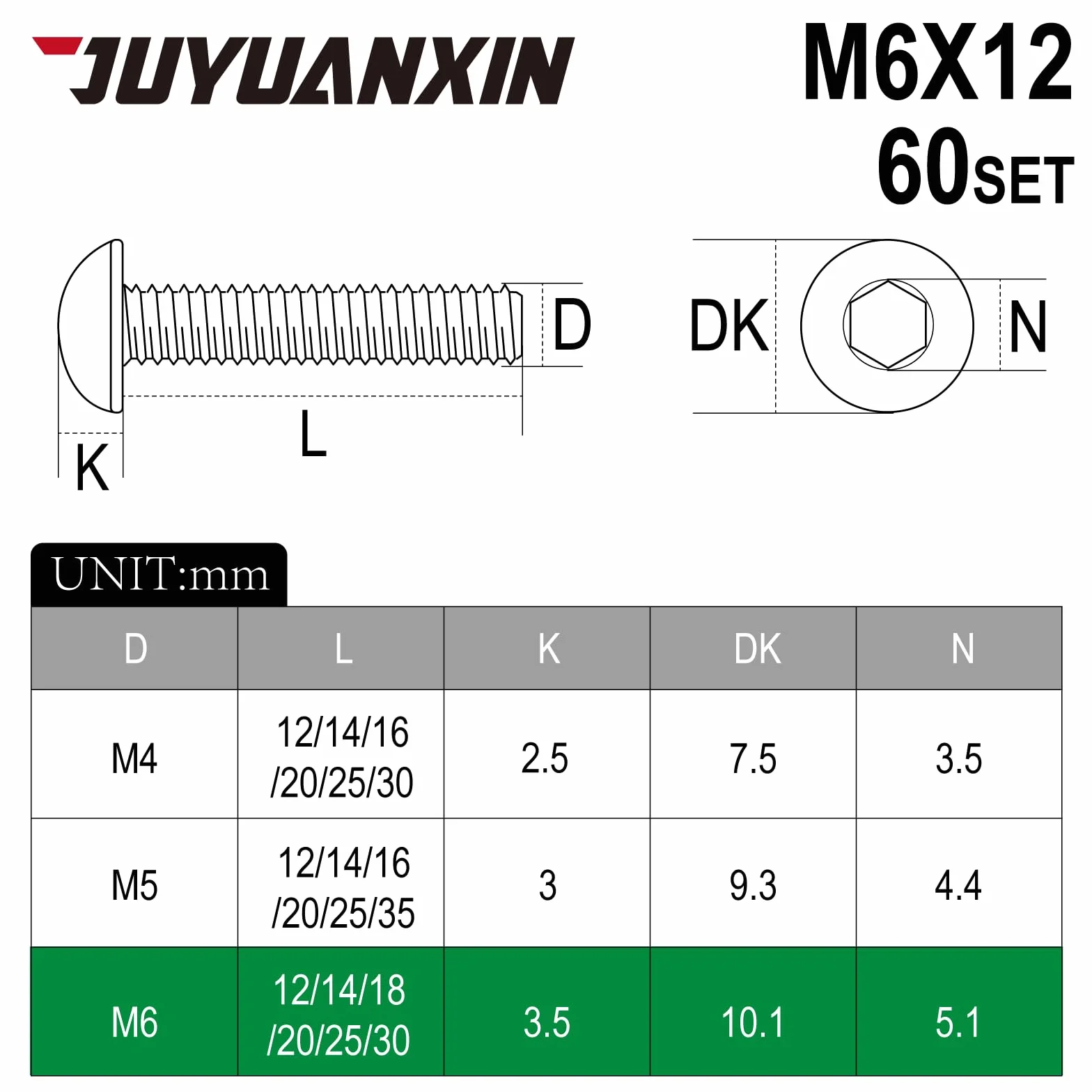 Zestaw 60 śrub M6 x 12 mm, śruby z łbem soczewkowym, zestaw nakrętek ze stali nierdzewnej, okrągłe śruby z łbem sześciokątnym z nakrętkami, śruby maszynowe, zestawy śrub gwintowanych i podkładek