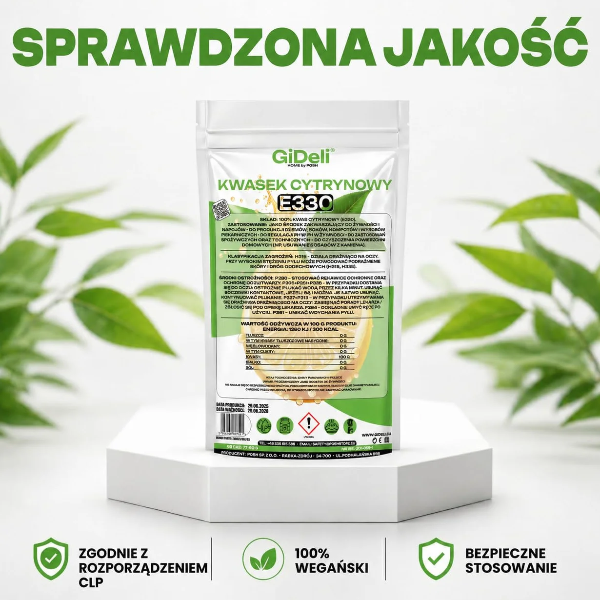 GiDeli Kwas Cytrynowy 100g - E330 Jakość Spożywcza w Proszku - Regulator Kwasowości Idealny do Czyszczenia, Odkamieniania, Pieczenia i Gotowania - Produkt Naturalny bez GMO