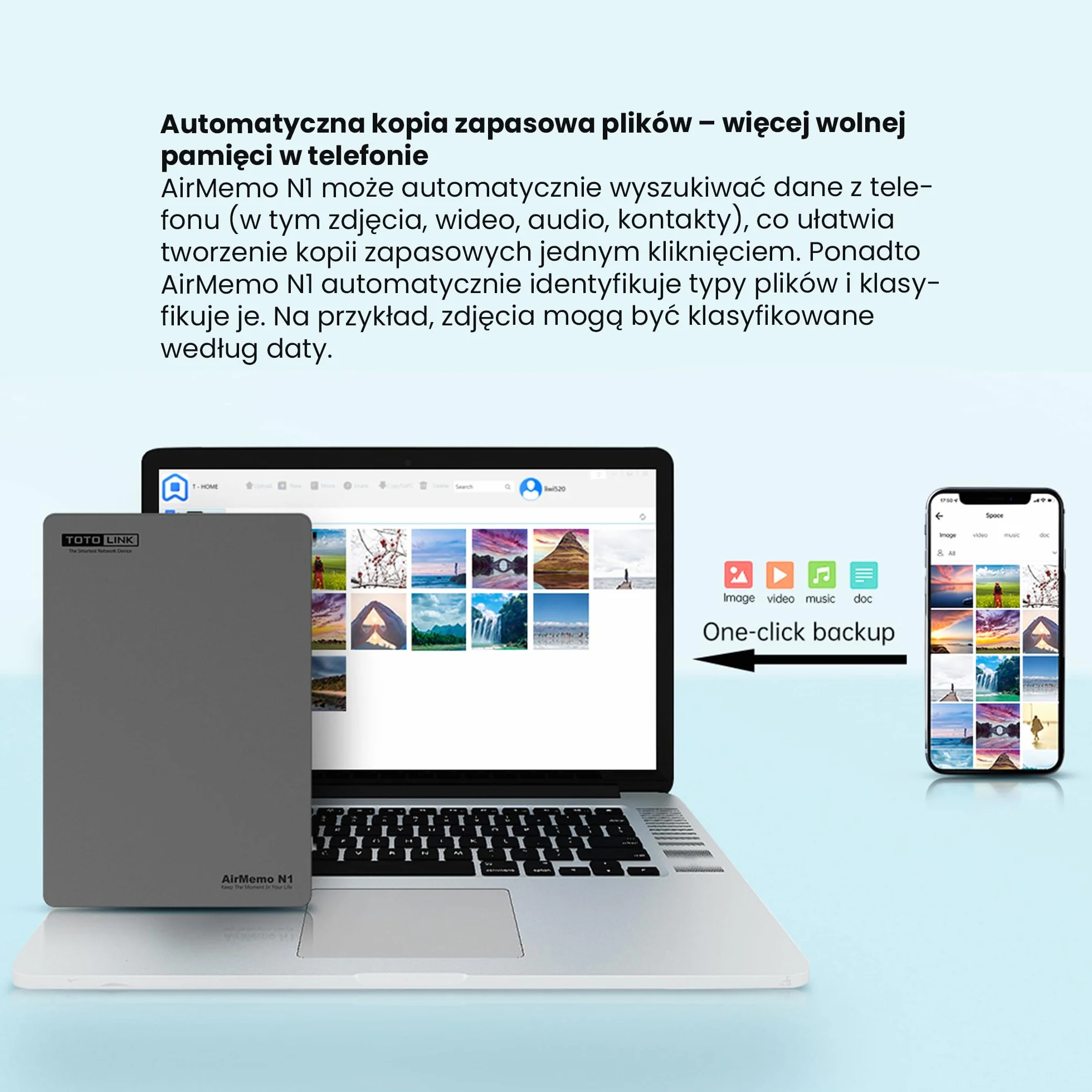Serwer NAS, 1 SATA, 2 GB RAM, 1 RJ45 1000 MB/s, 1 USB 3.0, procesor dwurdzeniowy 1,6 GHz, zdalny dostęp, automatyczna kopia zapasowa telefonu, Kompatybilny z Androidem, iOS, Windows