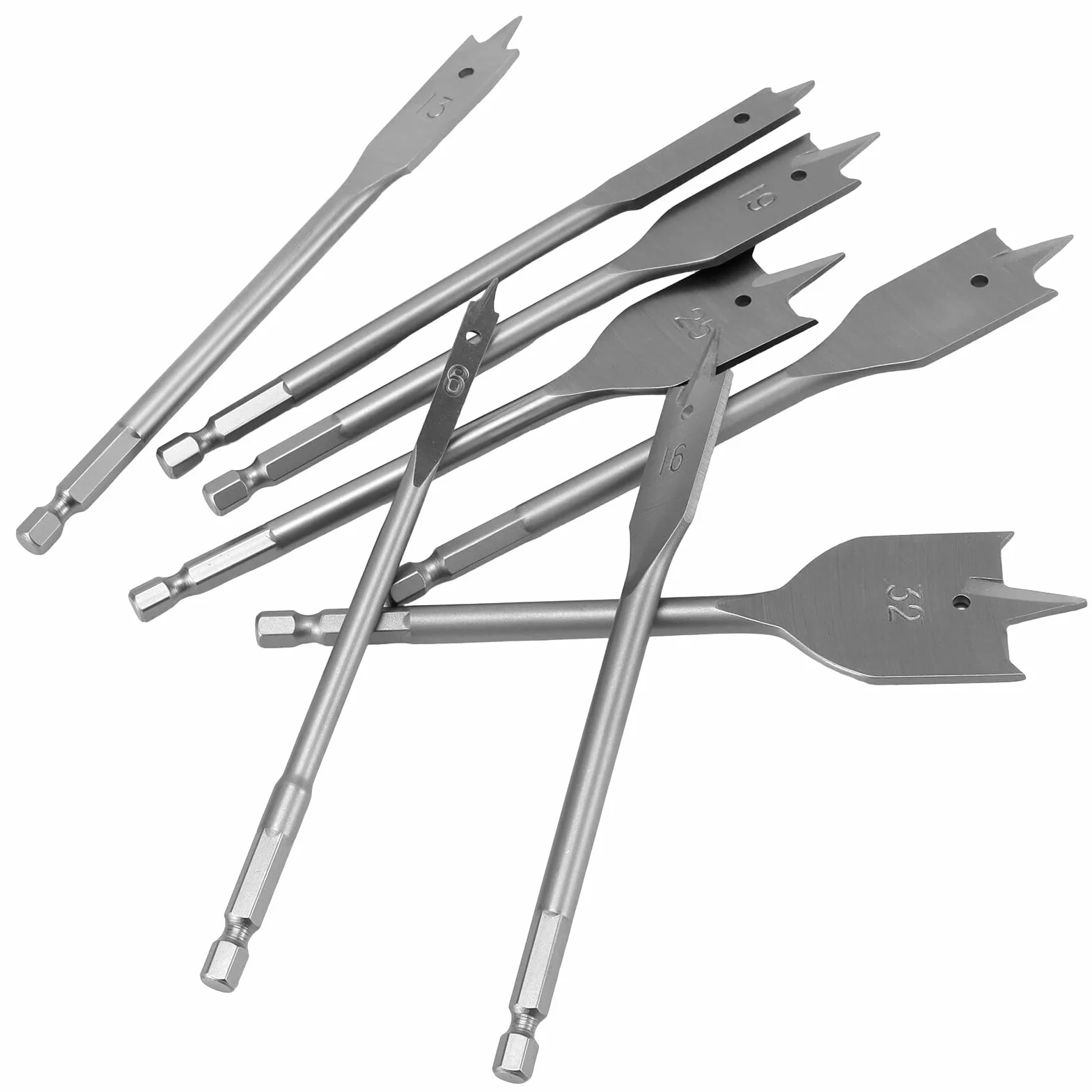 Zestaw 8 wierte? p?askich, 150 mm wiert?a do drewna z trzonkiem sze?ciok?tnym 1/4", Ø 6-32 mm, wiert?o ?opatkowe do obróbki drewna, stal w?glowa o wysokiej wytrzyma?o?ci