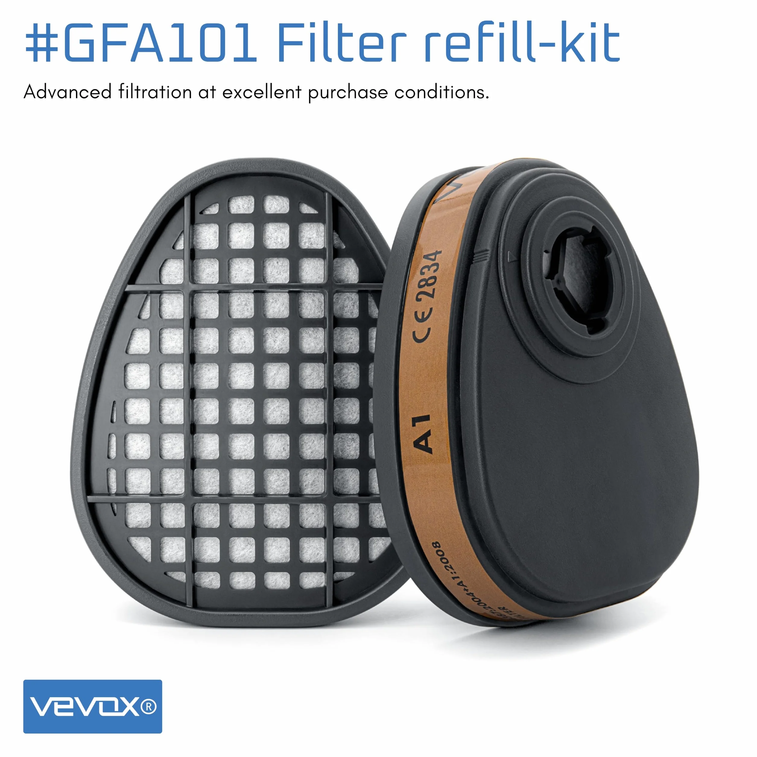 VEVOX® - Filtr do półmaski - do wyboru filtr cząstek P2, P3 lub filtr gazu A1, ABEK1 - wkłady filtrujące do maski/półmaski gazowej (A1 Filtr gazu - 2 sztuk)