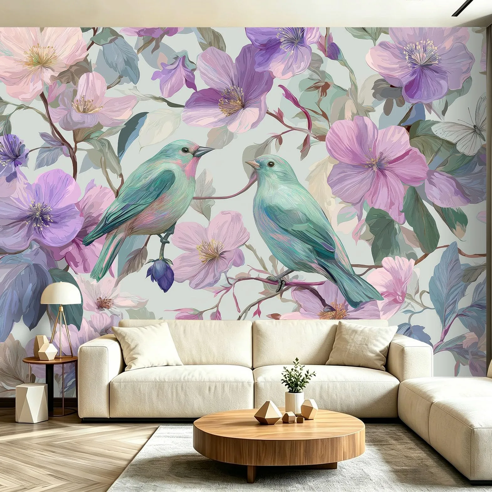 Fototapeta francuski ptak kwiatowy motyl zielony niebieski tapeta z włókniny dekoracja salonu sypialni kobiety, 300 x 210 cm