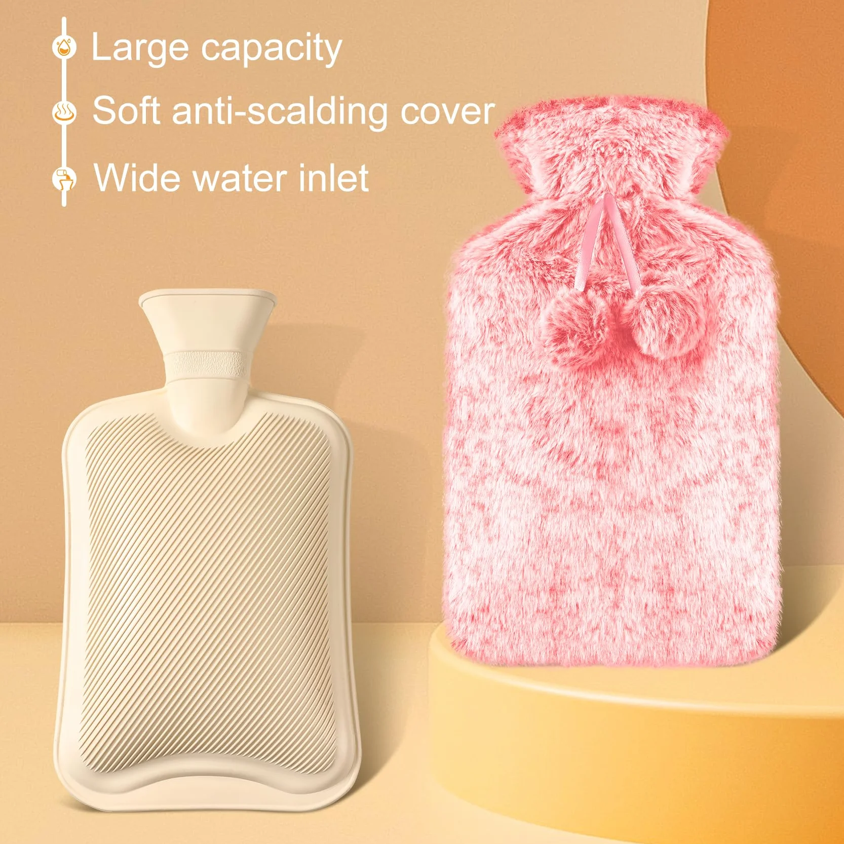 Bolsa de Agua Caliente 2L con Funda de Felpa Suave, Botella de Goma Natural para Alivio del Dolor, Calor y Confort en Noches Frías, Ideal como Regalo para Niños y Adultos, Duradera y Elegante (Rosa)