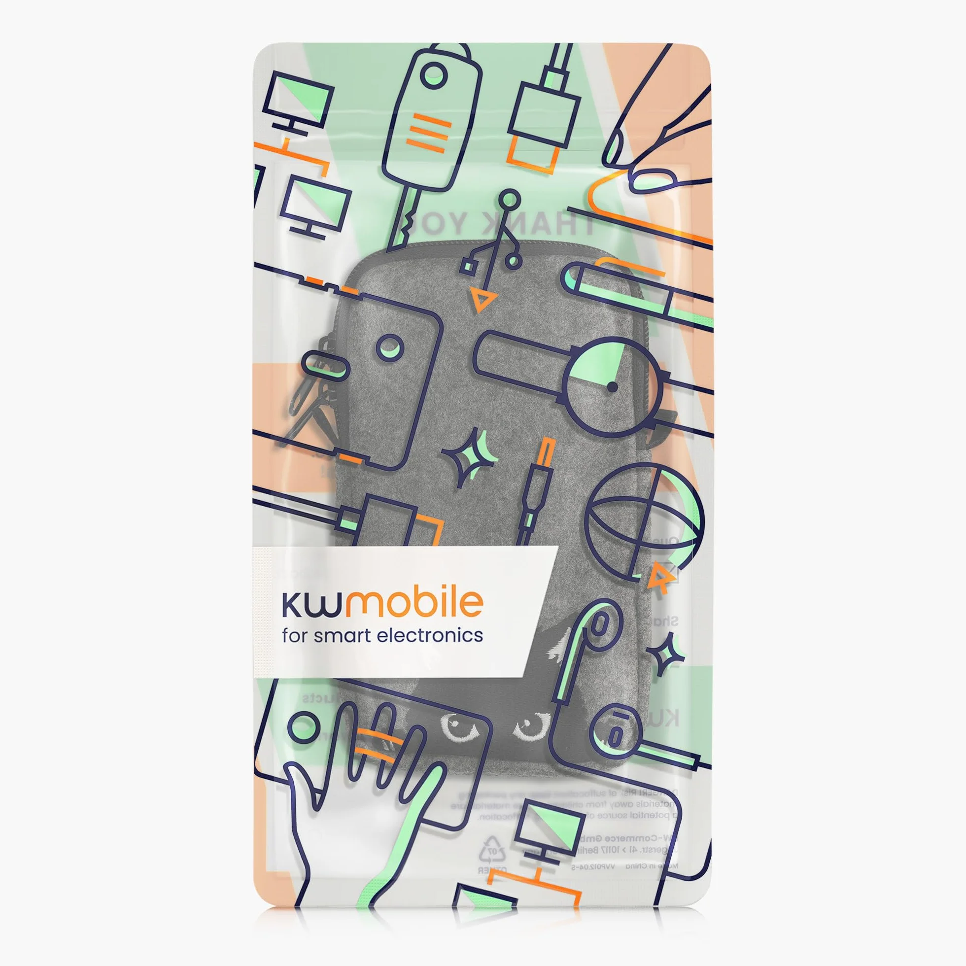 kwmobile Filcowa torba na telefon z wzorem L - uchwyt na pasek 16,5 cm x 8,9 cm - ciekawy kot szary/czarny